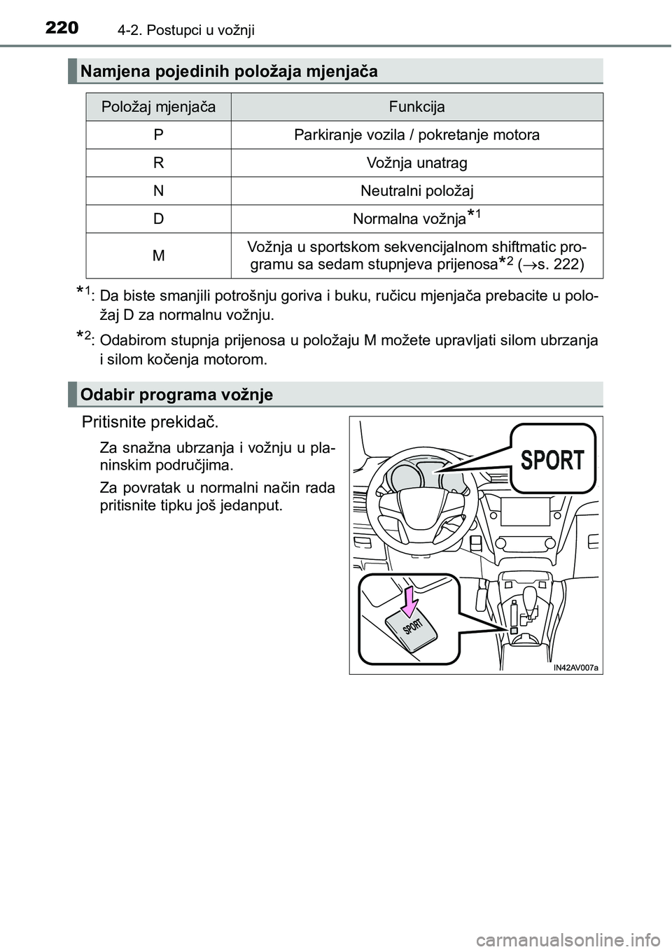 TOYOTA AVENSIS 2015 Upute Za Rukovanje (in Croatian) 2204-2. Postupci u vožnji
*1: Da biste smanjili potrošnju goriva i buku, ručicu mjenjača prebacite u polo-
žaj D za normalnu vožnju.
*2: Odabirom stupnja prijenosa u položaju M možete upravlja TOYOTA AVENSIS 2015 Upute Za Rukovanje (in Croatian) 2204-2. Postupci u vožnji
*1: Da biste smanjili potrošnju goriva i buku, ručicu mjenjača prebacite u polo-
žaj D za normalnu vožnju.
*2: Odabirom stupnja prijenosa u položaju M možete upravlja