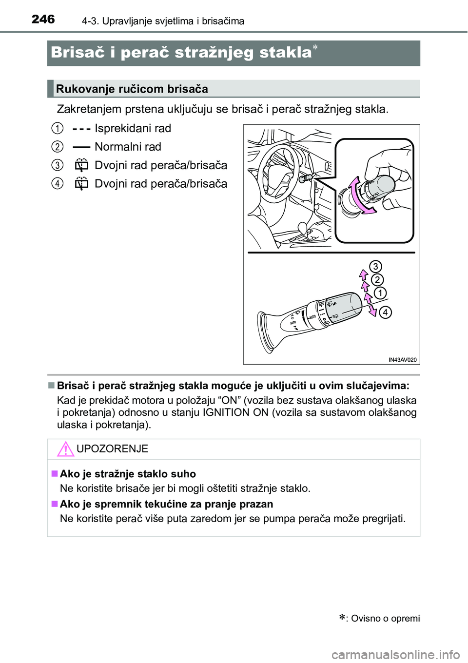 TOYOTA AVENSIS 2015  Upute Za Rukovanje (in Croatian) 2464-3. Upravljanje svjetlima i brisačima
Brisač i perač stražnjeg stakla
Zakretanjem prstena uključuju se brisač i perač stražnjeg stakla.
Isprekidani rad
Normalni rad
Dvojni rad perača/b