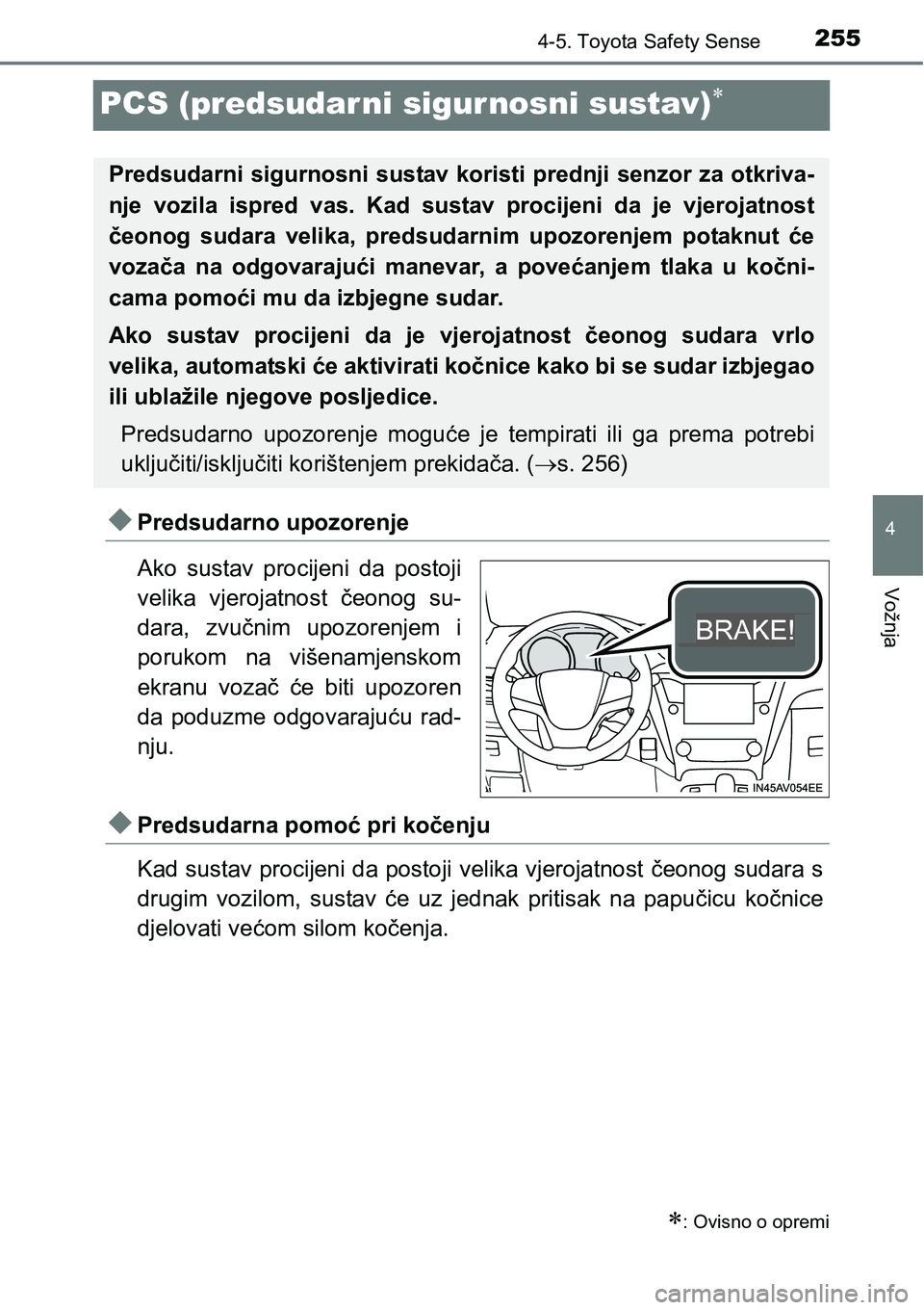 TOYOTA AVENSIS 2015  Upute Za Rukovanje (in Croatian) 255
4
4-5. Toyota Safety Sense
Vožnja
PCS (predsudar ni sigurnosni sustav)
Predsudarno upozorenje
Ako sustav procijeni da postoji
velika vjerojatnost čeonog su-
dara, zvučnim upozorenjem i
po