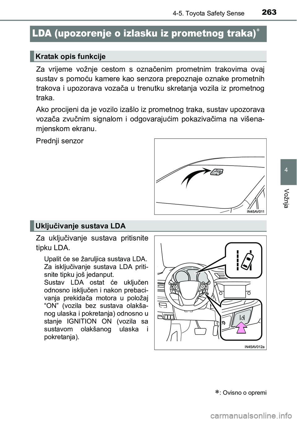 TOYOTA AVENSIS 2015  Upute Za Rukovanje (in Croatian) 263
4
4-5. Toyota Safety Sense
Vožnja
LDA (upozorenje o izlasku iz prometnog traka)
Za vrijeme vožnje cestom s označenim prometnim trakovima ovaj
sustav s pomoću kamere kao senzora prepoznaje o