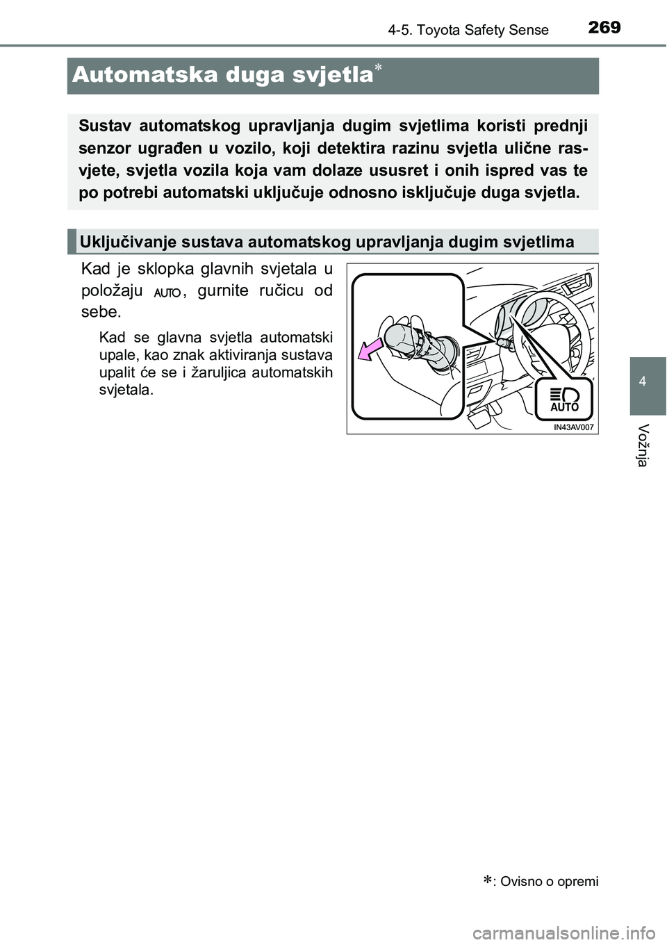 TOYOTA AVENSIS 2015  Upute Za Rukovanje (in Croatian) 269
4
4-5. Toyota Safety Sense
Vožnja
Automatska duga svjetla
Kad je sklopka glavnih svjetala u
položaju  , gurnite ručicu od
sebe.
Kad se glavna svjetla automatski
upale, kao znak aktiviranja s