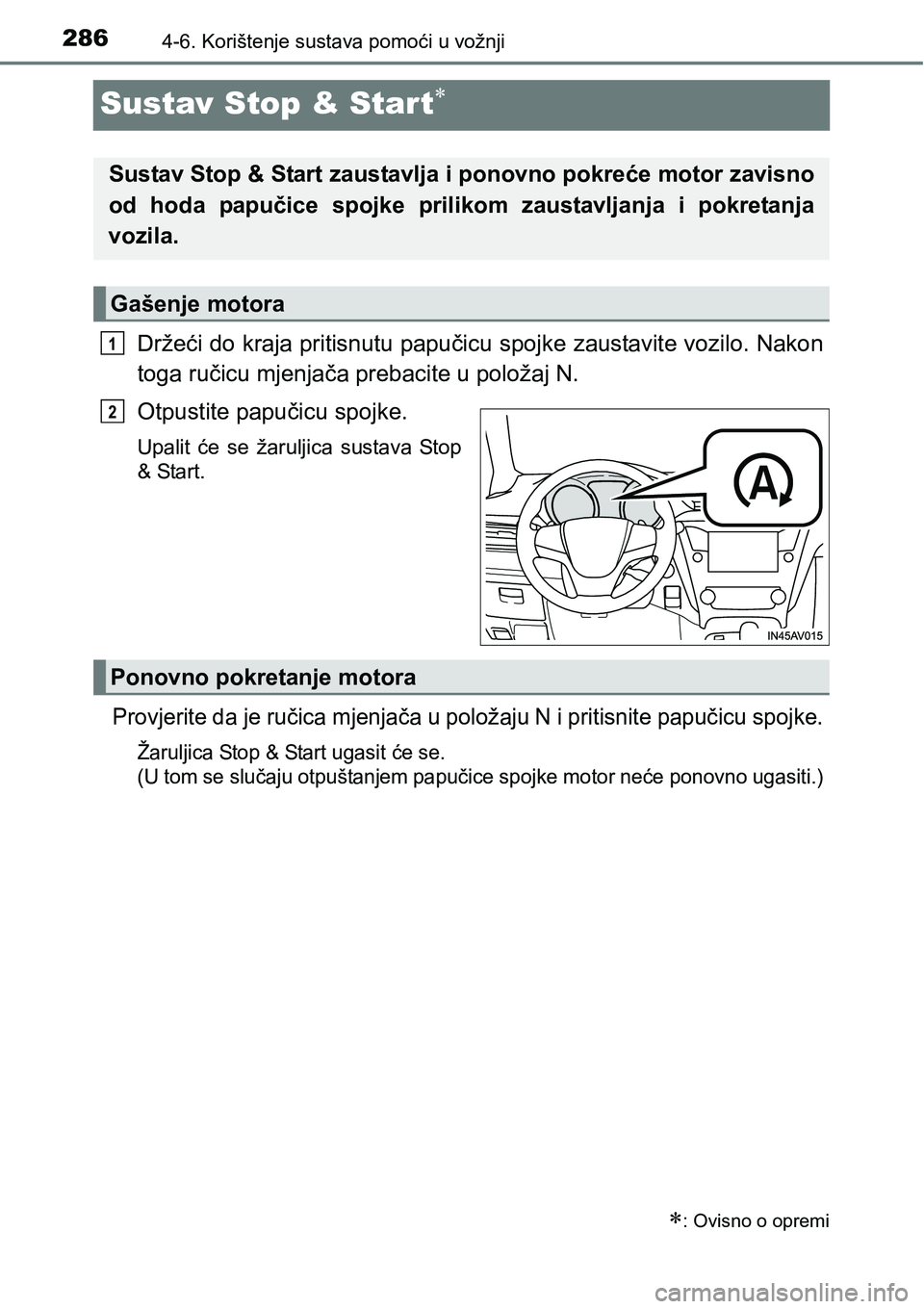 TOYOTA AVENSIS 2015 Upute Za Rukovanje (in Croatian) 2864-6. Korištenje sustava pomoći u vožnji
Sustav Stop & Start
Držeći do kraja pritisnutu papučicu spojke zaustavite vozilo. Nakon
toga ručicu mjenjača prebacite u položaj N.
Otpustite pap TOYOTA AVENSIS 2015 Upute Za Rukovanje (in Croatian) 2864-6. Korištenje sustava pomoći u vožnji
Sustav Stop & Start
Držeći do kraja pritisnutu papučicu spojke zaustavite vozilo. Nakon
toga ručicu mjenjača prebacite u položaj N.
Otpustite pap