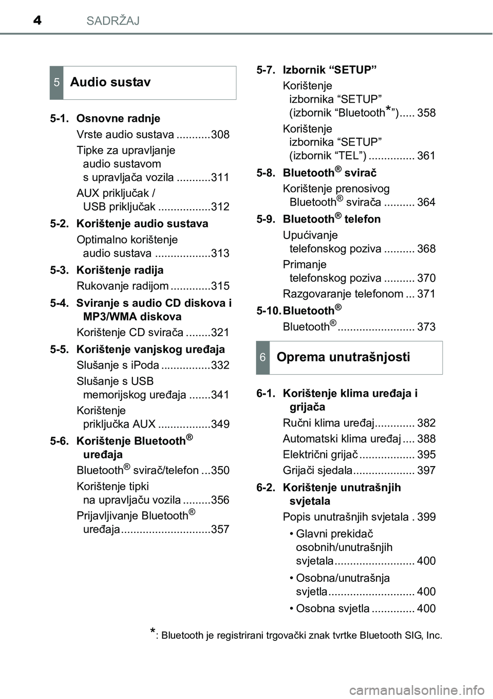 TOYOTA AVENSIS 2015 Upute Za Rukovanje (in Croatian) SADRŽAJ4
5-1. Osnovne radnje
Vrste audio sustava ...........308
Tipke za upravljanje
audio sustavom
s upravljača vozila ...........311
AUX priključak /
USB priključak .................312
5-2. TOYOTA AVENSIS 2015 Upute Za Rukovanje (in Croatian) SADRŽAJ4
5-1. Osnovne radnje
Vrste audio sustava ...........308
Tipke za upravljanje
audio sustavom
s upravljača vozila ...........311
AUX priključak /
USB priključak .................312
5-2.