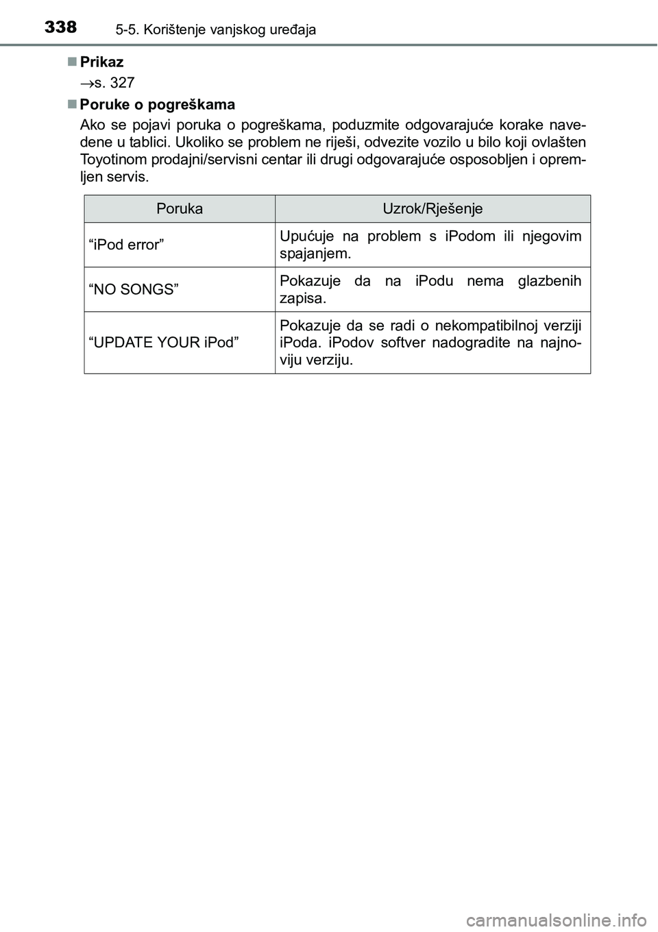 TOYOTA AVENSIS 2015  Upute Za Rukovanje (in Croatian) 3385-5. Korištenje vanjskog uređaja
Prikaz
s. 327
Poruke o pogreškama
Ako se pojavi poruka o pogreškama, poduzmite odgovarajuće korake nave-
dene u tablici. Ukoliko se problem ne riješi