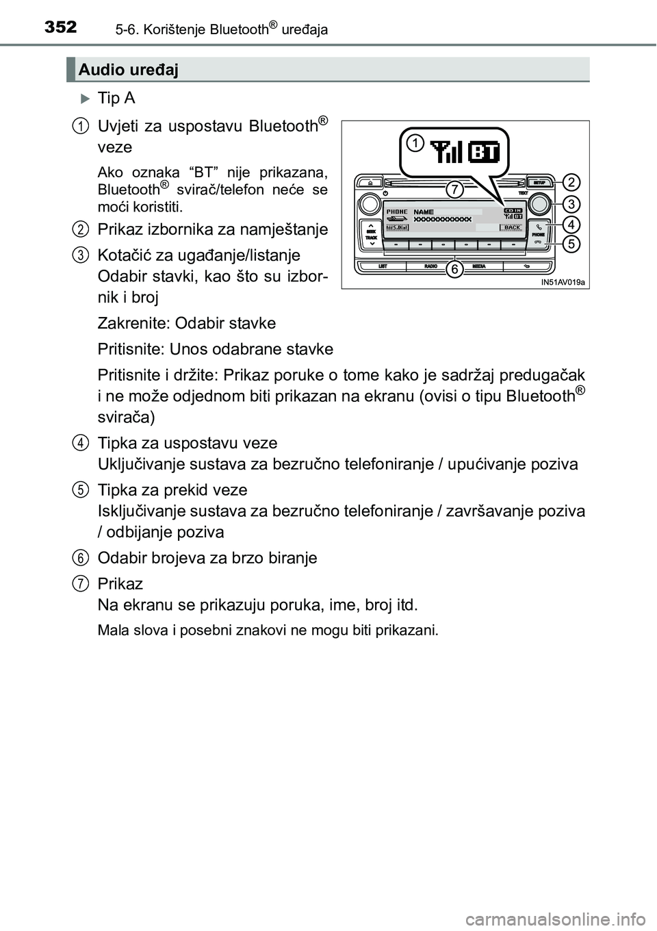 TOYOTA AVENSIS 2015  Upute Za Rukovanje (in Croatian) 3525-6. Korištenje Bluetooth® uređaja
Tip A
Uvjeti za uspostavu Bluetooth
®
veze
Ako oznaka “BT” nije prikazana,
Bluetooth® svirač/telefon neće se
moći koristiti.
Prikaz izbornika za na