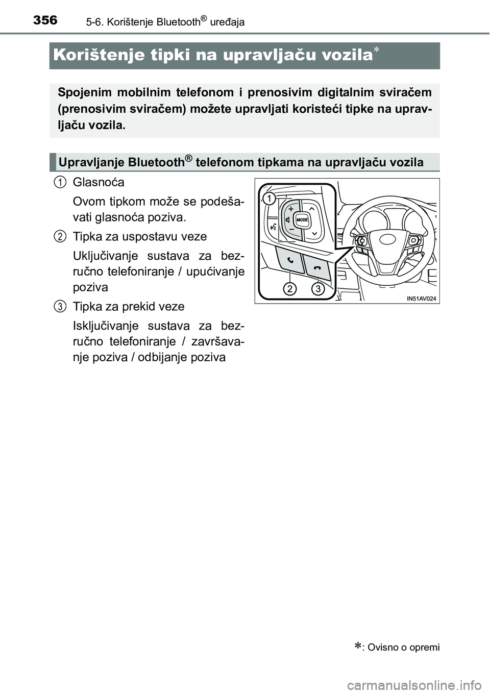 TOYOTA AVENSIS 2015  Upute Za Rukovanje (in Croatian) 3565-6. Korištenje Bluetooth® uređaja
Korištenje tipki na upravljaču vozila
Glasnoća
Ovom tipkom može se podeša-
vati glasnoća poziva.
Tipka za uspostavu veze
Uključivanje sustava za bez-