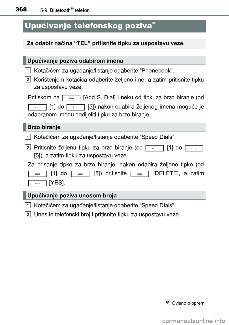 TOYOTA AVENSIS 2015  Upute Za Rukovanje (in Croatian) 3685-9. Bluetooth® telefon
Upućivanje telefonskog poziva
Kotačićem za ugađanje/listanje odaberite “Phonebook”.
Korištenjem kotačića odaberite željeno ime, a zatim pritisnite tipku
za u