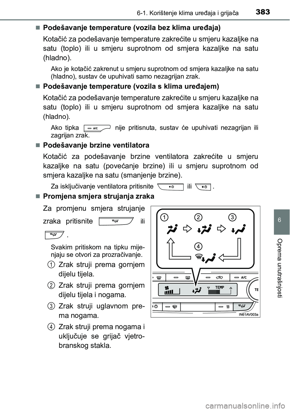 TOYOTA AVENSIS 2015  Upute Za Rukovanje (in Croatian) 3836-1. Korištenje klima uređaja i grijača
6
Oprema unutrašnjosti
Podešavanje temperature (vozila bez klima uređaja)
Kotačić za podešavanje temperature zakrećite u smjeru kazaljke na
satu