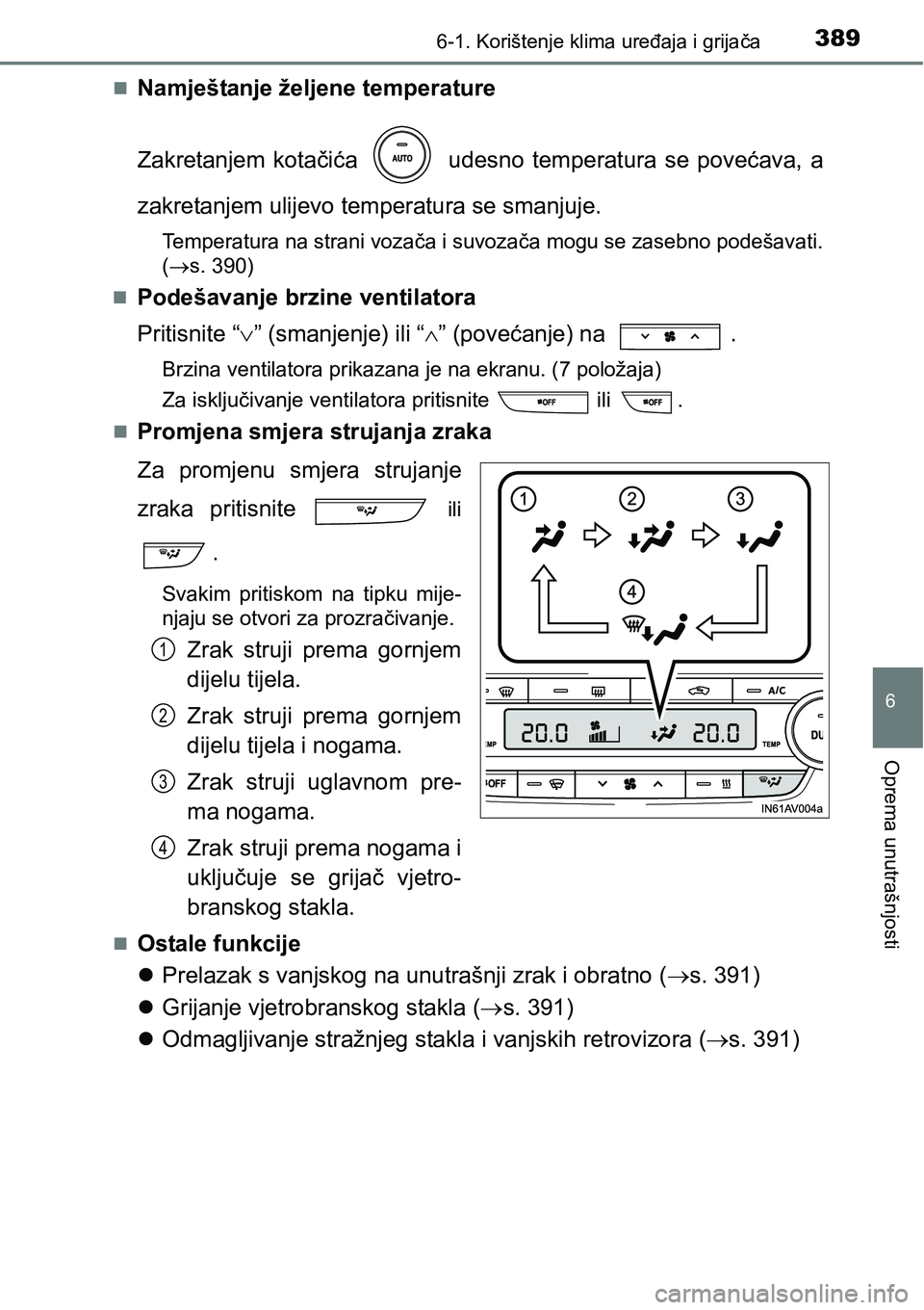 TOYOTA AVENSIS 2015  Upute Za Rukovanje (in Croatian) 3896-1. Korištenje klima uređaja i grijača
6
Oprema unutrašnjosti
Namještanje željene temperature
Zakretanjem kotačića   udesno temperatura se povećava, a
zakretanjem ulijevo temperatura s