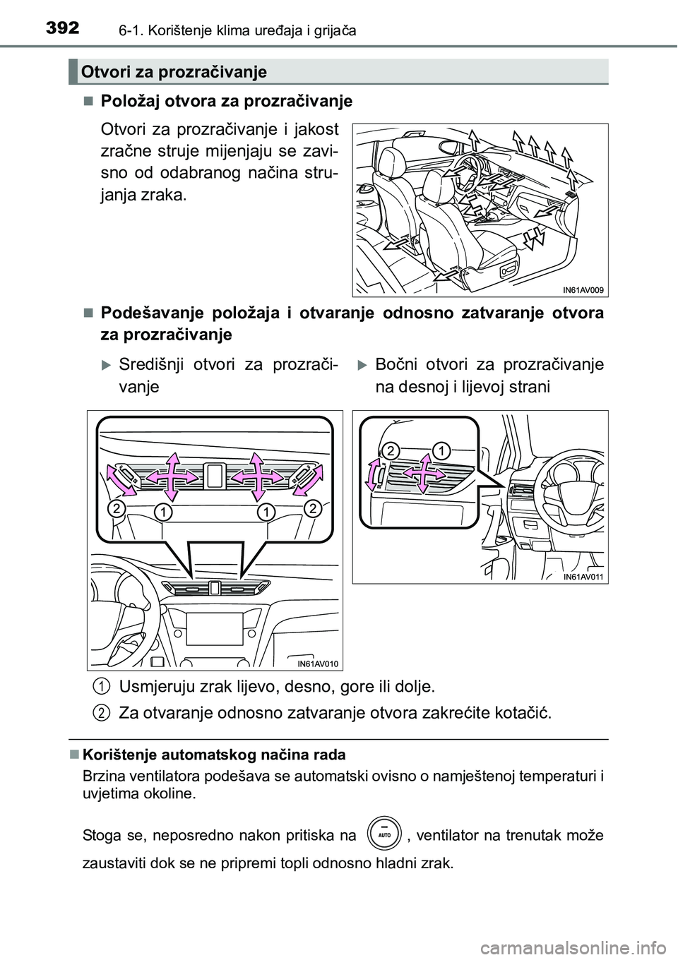 TOYOTA AVENSIS 2015 Upute Za Rukovanje (in Croatian) 3926-1. Korištenje klima uređaja i grijača
Položaj otvora za prozračivanje
Otvori za prozračivanje i jakost
zračne struje mijenjaju se zavi-
sno od odabranog načina stru-
janja zraka.
Po TOYOTA AVENSIS 2015 Upute Za Rukovanje (in Croatian) 3926-1. Korištenje klima uređaja i grijača
Položaj otvora za prozračivanje
Otvori za prozračivanje i jakost
zračne struje mijenjaju se zavi-
sno od odabranog načina stru-
janja zraka.
Po