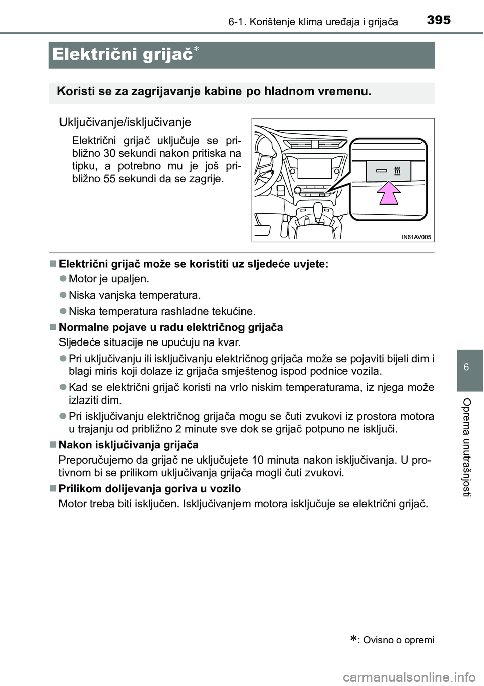 TOYOTA AVENSIS 2015 Upute Za Rukovanje (in Croatian) 3956-1. Korištenje klima uređaja i grijača
6
Oprema unutrašnjosti
Električni grijač
Uključivanje/isključivanje
Električni grijač uključuje se pri-
bližno 30 sekundi nakon pritiska na
ti TOYOTA AVENSIS 2015 Upute Za Rukovanje (in Croatian) 3956-1. Korištenje klima uređaja i grijača
6
Oprema unutrašnjosti
Električni grijač
Uključivanje/isključivanje
Električni grijač uključuje se pri-
bližno 30 sekundi nakon pritiska na
ti