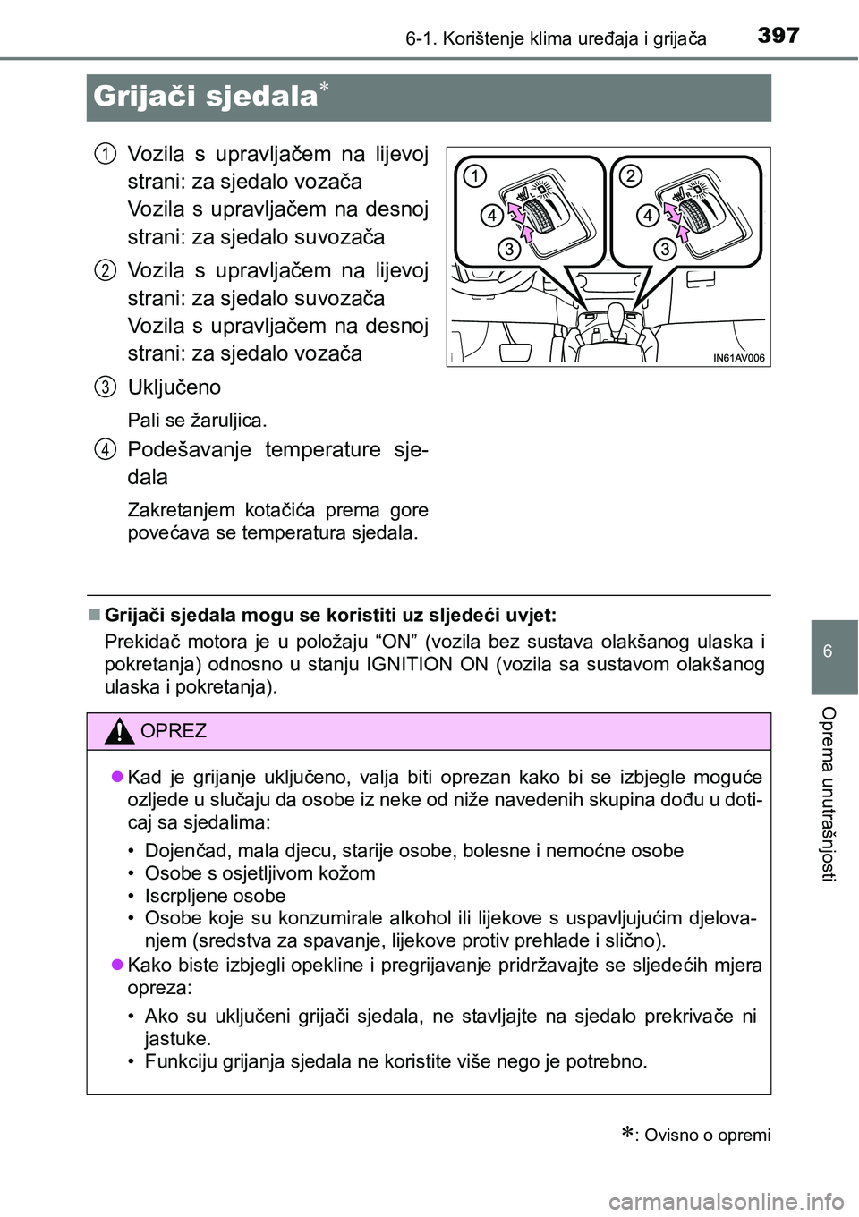 TOYOTA AVENSIS 2015 Upute Za Rukovanje (in Croatian) 3976-1. Korištenje klima uređaja i grijača
6
Oprema unutrašnjosti
Grijači sjedala
Vozila s upravljačem na lijevoj
strani: za sjedalo vozača
Vozila s upravljačem na desnoj
strani: za sjedalo TOYOTA AVENSIS 2015 Upute Za Rukovanje (in Croatian) 3976-1. Korištenje klima uređaja i grijača
6
Oprema unutrašnjosti
Grijači sjedala
Vozila s upravljačem na lijevoj
strani: za sjedalo vozača
Vozila s upravljačem na desnoj
strani: za sjedalo