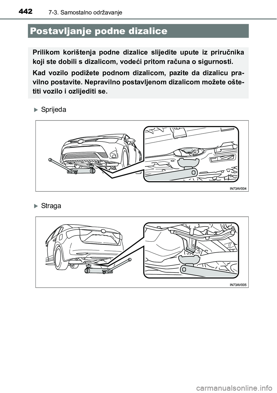 TOYOTA AVENSIS 2015  Upute Za Rukovanje (in Croatian) 4427-3. Samostalno održavanje
Postavljanje podne dizalice
Sprijeda
St ra ga
Prilikom korištenja podne dizalice slijedite upute iz priručnika
koji ste dobili s dizalicom, vodeći pritom račun