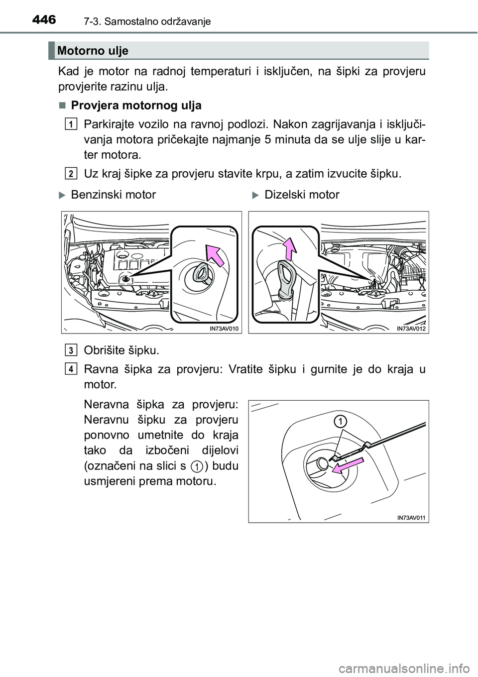 TOYOTA AVENSIS 2015  Upute Za Rukovanje (in Croatian) 4467-3. Samostalno održavanje
Kad je motor na radnoj temperaturi i isključen, na šipki za provjeru
provjerite razinu ulja.
Provjera motornog ulja
Parkirajte vozilo na ravnoj podlozi. Nakon zagri