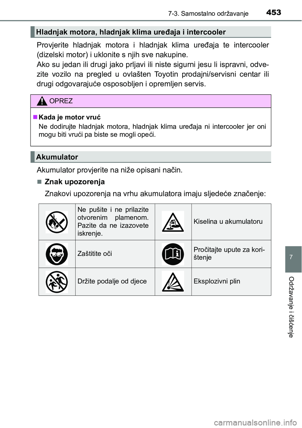 TOYOTA AVENSIS 2015  Upute Za Rukovanje (in Croatian) 4537-3. Samostalno održavanje
7
Održavanje i čišćenje
Provjerite hladnjak motora i hladnjak klima uređaja te intercooler
(dizelski motor) i uklonite s njih sve nakupine. 
Ako su jedan ili drugi 