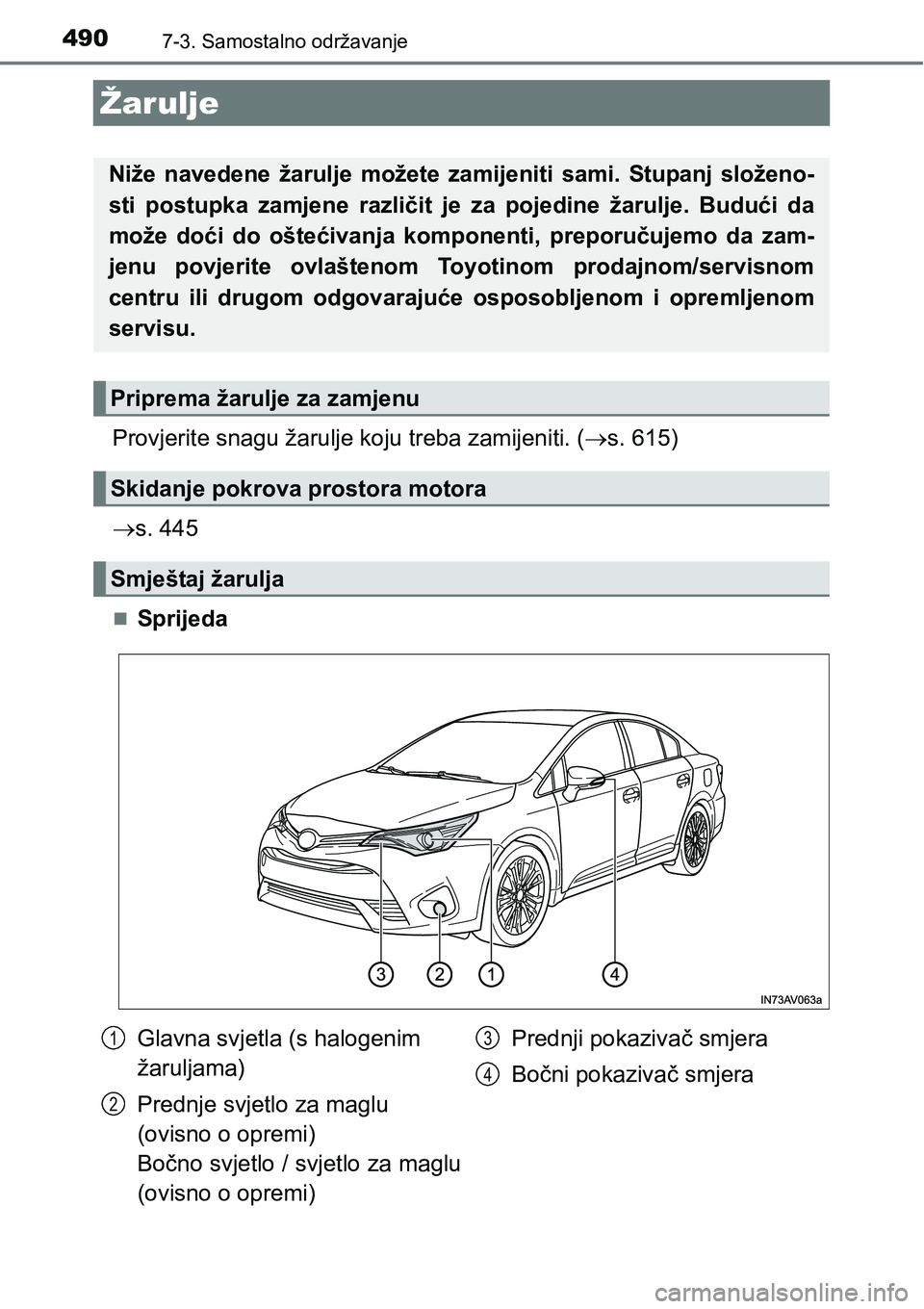 TOYOTA AVENSIS 2015 Upute Za Rukovanje (in Croatian) 4907-3. Samostalno održavanje
Žarulje
Provjerite snagu žarulje koju treba zamijeniti. (s. 615)
s. 445
Sprijeda
Niže navedene žarulje možete zamijeniti sami. Stupanj složeno-
sti postup TOYOTA AVENSIS 2015 Upute Za Rukovanje (in Croatian) 4907-3. Samostalno održavanje
Žarulje
Provjerite snagu žarulje koju treba zamijeniti. (s. 615)
s. 445
Sprijeda
Niže navedene žarulje možete zamijeniti sami. Stupanj složeno-
sti postup
