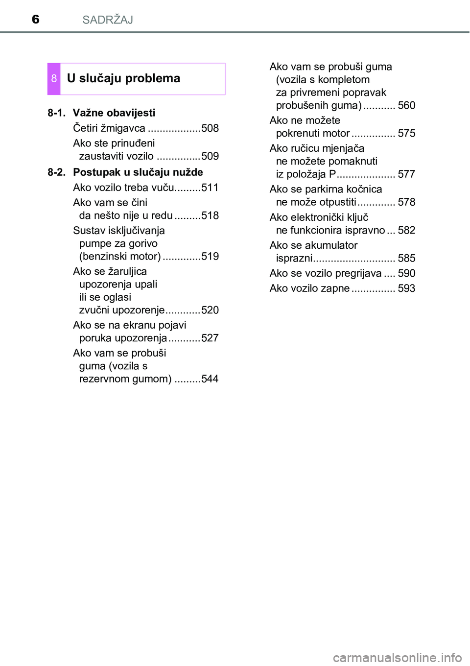 TOYOTA AVENSIS 2015 Upute Za Rukovanje (in Croatian) SADRŽAJ6
8-1. Važne obavijesti
Četiri žmigavca ..................508
Ako ste prinuđeni
zaustaviti vozilo ...............509
8-2. Postupak u slučaju nužde
Ako vozilo treba vuču.........511
Ako TOYOTA AVENSIS 2015 Upute Za Rukovanje (in Croatian) SADRŽAJ6
8-1. Važne obavijesti
Četiri žmigavca ..................508
Ako ste prinuđeni
zaustaviti vozilo ...............509
8-2. Postupak u slučaju nužde
Ako vozilo treba vuču.........511
Ako