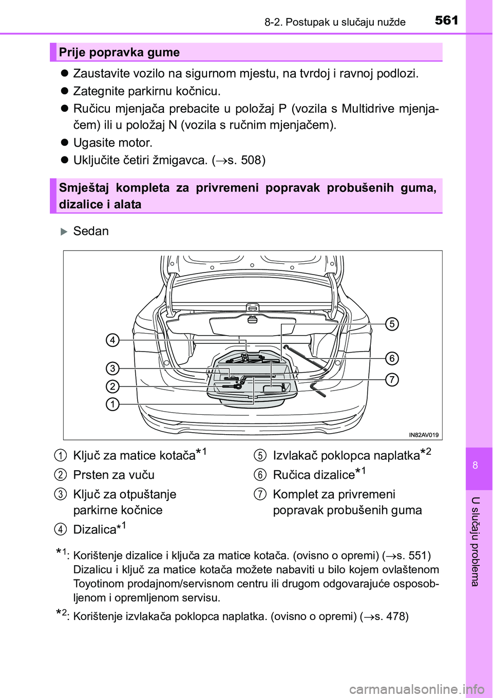 TOYOTA AVENSIS 2015 Upute Za Rukovanje (in Croatian) 5618-2. Postupak u slučaju nužde
8
U slučaju problema
Zaustavite vozilo na sigurnom mjestu, na tvrdoj i ravnoj podlozi.
Zategnite parkirnu kočnicu.
Ručicu mjenjača prebacite u položaj TOYOTA AVENSIS 2015 Upute Za Rukovanje (in Croatian) 5618-2. Postupak u slučaju nužde
8
U slučaju problema
Zaustavite vozilo na sigurnom mjestu, na tvrdoj i ravnoj podlozi.
Zategnite parkirnu kočnicu.
Ručicu mjenjača prebacite u položaj