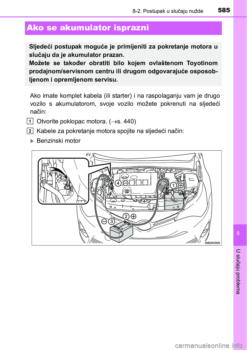 TOYOTA AVENSIS 2015 Upute Za Rukovanje (in Croatian) 5858-2. Postupak u slučaju nužde
8
U slučaju problema
Ako se akumulator isprazni
Ako imate komplet kabela (ili starter) i na raspolaganju vam je drugo
vozilo s akumulatorom, svoje vozilo možete po TOYOTA AVENSIS 2015 Upute Za Rukovanje (in Croatian) 5858-2. Postupak u slučaju nužde
8
U slučaju problema
Ako se akumulator isprazni
Ako imate komplet kabela (ili starter) i na raspolaganju vam je drugo
vozilo s akumulatorom, svoje vozilo možete po