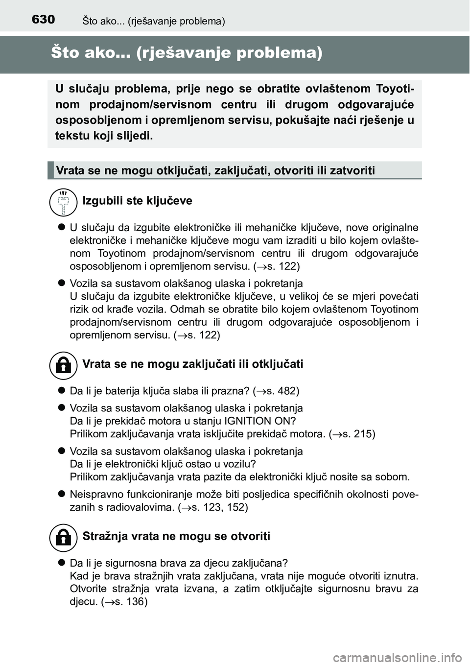 TOYOTA AVENSIS 2015 Upute Za Rukovanje (in Croatian) 630Što ako... (rješavanje problema)
Što ako... (rješavanje problema)
U slučaju da izgubite elektroničke ili mehaničke ključeve, nove originalne
elektroničke i mehaničke ključeve mogu vam TOYOTA AVENSIS 2015 Upute Za Rukovanje (in Croatian) 630Što ako... (rješavanje problema)
Što ako... (rješavanje problema)
U slučaju da izgubite elektroničke ili mehaničke ključeve, nove originalne
elektroničke i mehaničke ključeve mogu vam