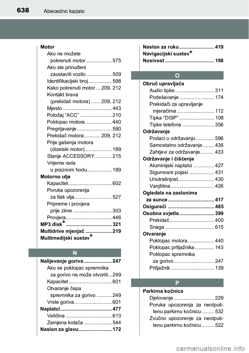 TOYOTA AVENSIS 2015 Upute Za Rukovanje (in Croatian) 638Abecedno kazalo
Motor
Ako ne možete
pokrenuti motor................... 575
Ako ste prinuđeni
zaustaviti vozilo .................. 509
Identifikacijski broj ................. 598
Kako pokrenuti TOYOTA AVENSIS 2015 Upute Za Rukovanje (in Croatian) 638Abecedno kazalo
Motor
Ako ne možete
pokrenuti motor................... 575
Ako ste prinuđeni
zaustaviti vozilo .................. 509
Identifikacijski broj ................. 598
Kako pokrenuti
