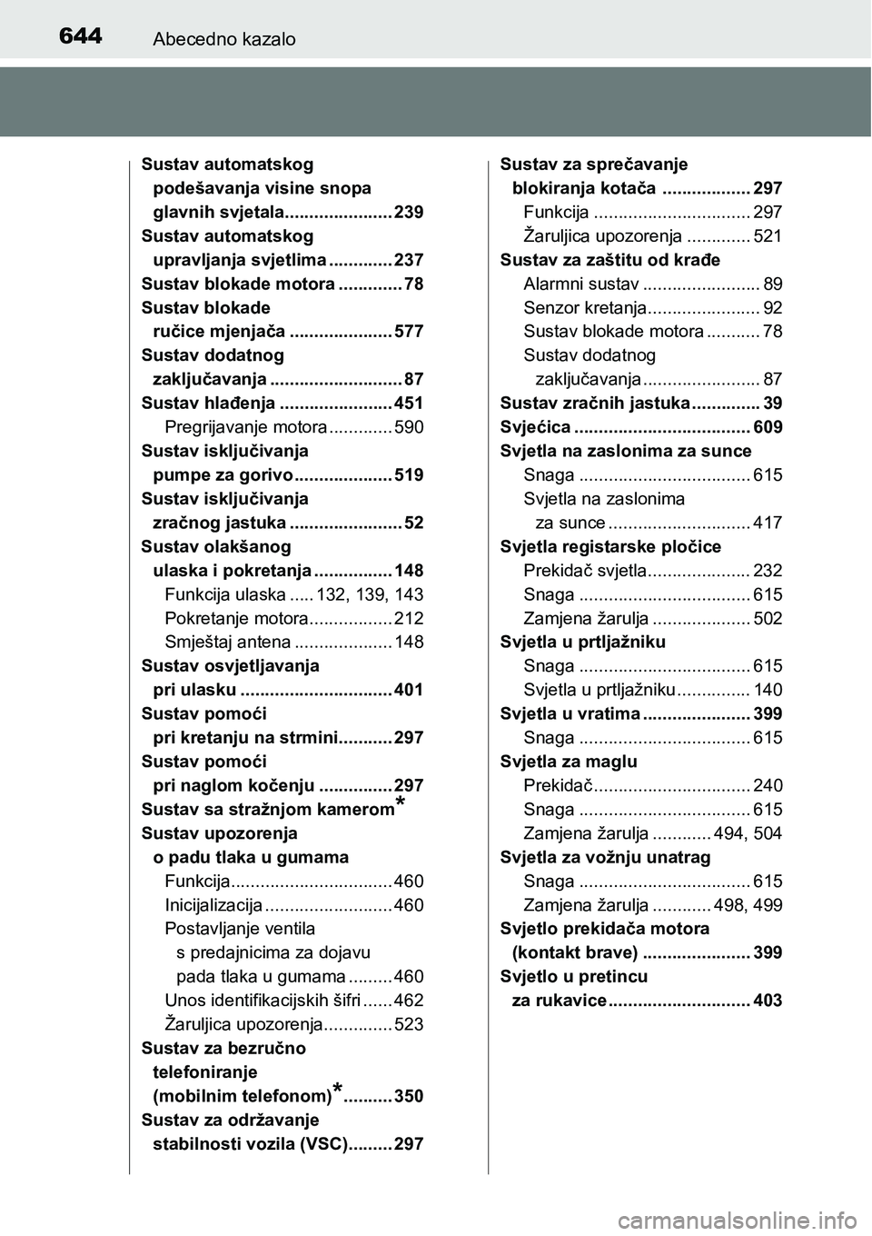 TOYOTA AVENSIS 2015 Upute Za Rukovanje (in Croatian) 644Abecedno kazalo
Sustav automatskog
podešavanja visine snopa
glavnih svjetala...................... 239
Sustav automatskog
upravljanja svjetlima ............. 237
Sustav blokade motora ......... TOYOTA AVENSIS 2015 Upute Za Rukovanje (in Croatian) 644Abecedno kazalo
Sustav automatskog
podešavanja visine snopa
glavnih svjetala...................... 239
Sustav automatskog
upravljanja svjetlima ............. 237
Sustav blokade motora .........