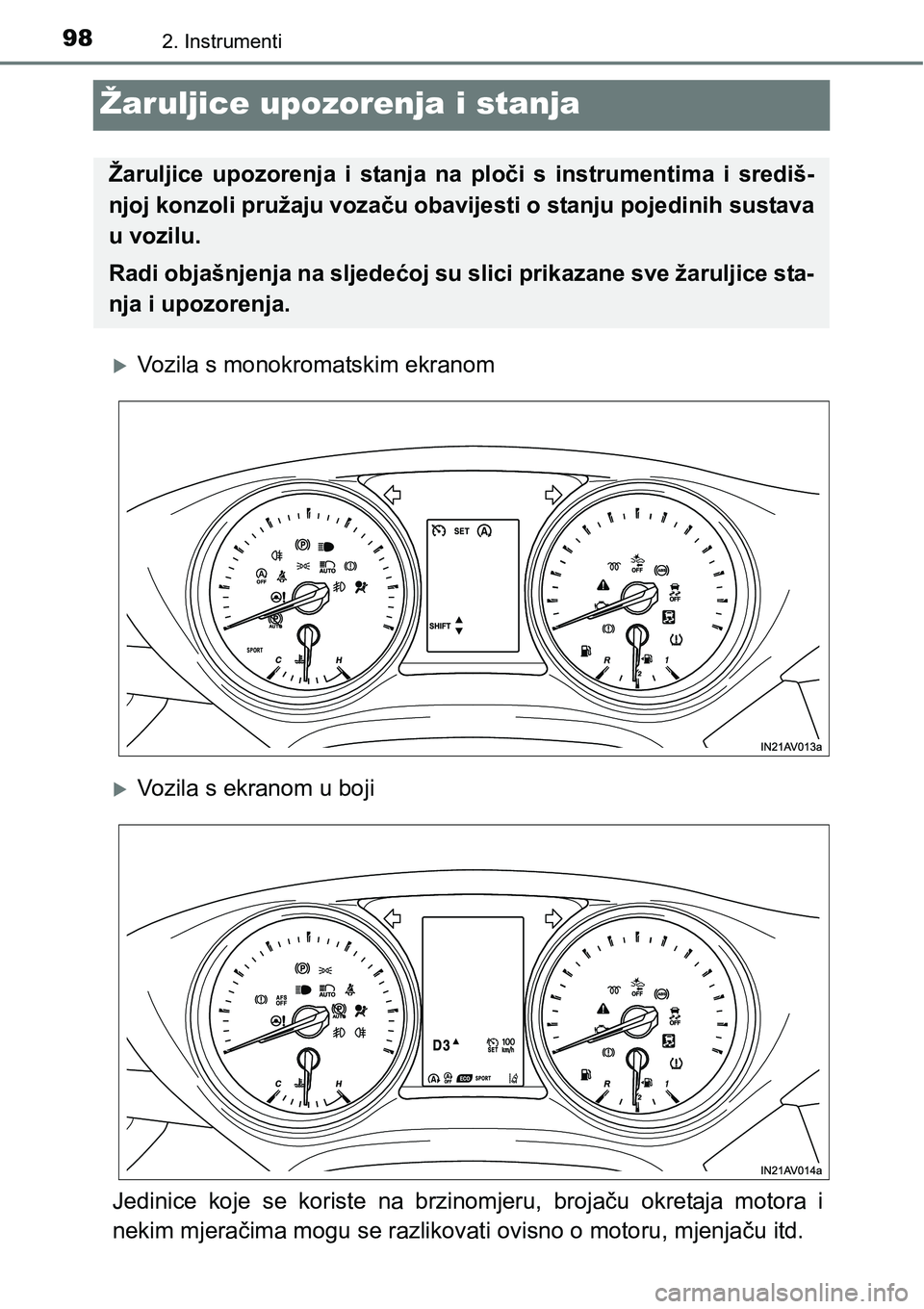 TOYOTA AVENSIS 2015  Upute Za Rukovanje (in Croatian) 982. Instrumenti
Žaruljice upozorenja i stanja
Vozila s monokromatskim ekranom
Vozila s ekranom u boji
Jedinice koje se koriste na brzinomjeru, brojaču okretaja motora i
nekim mjeračima mogu 