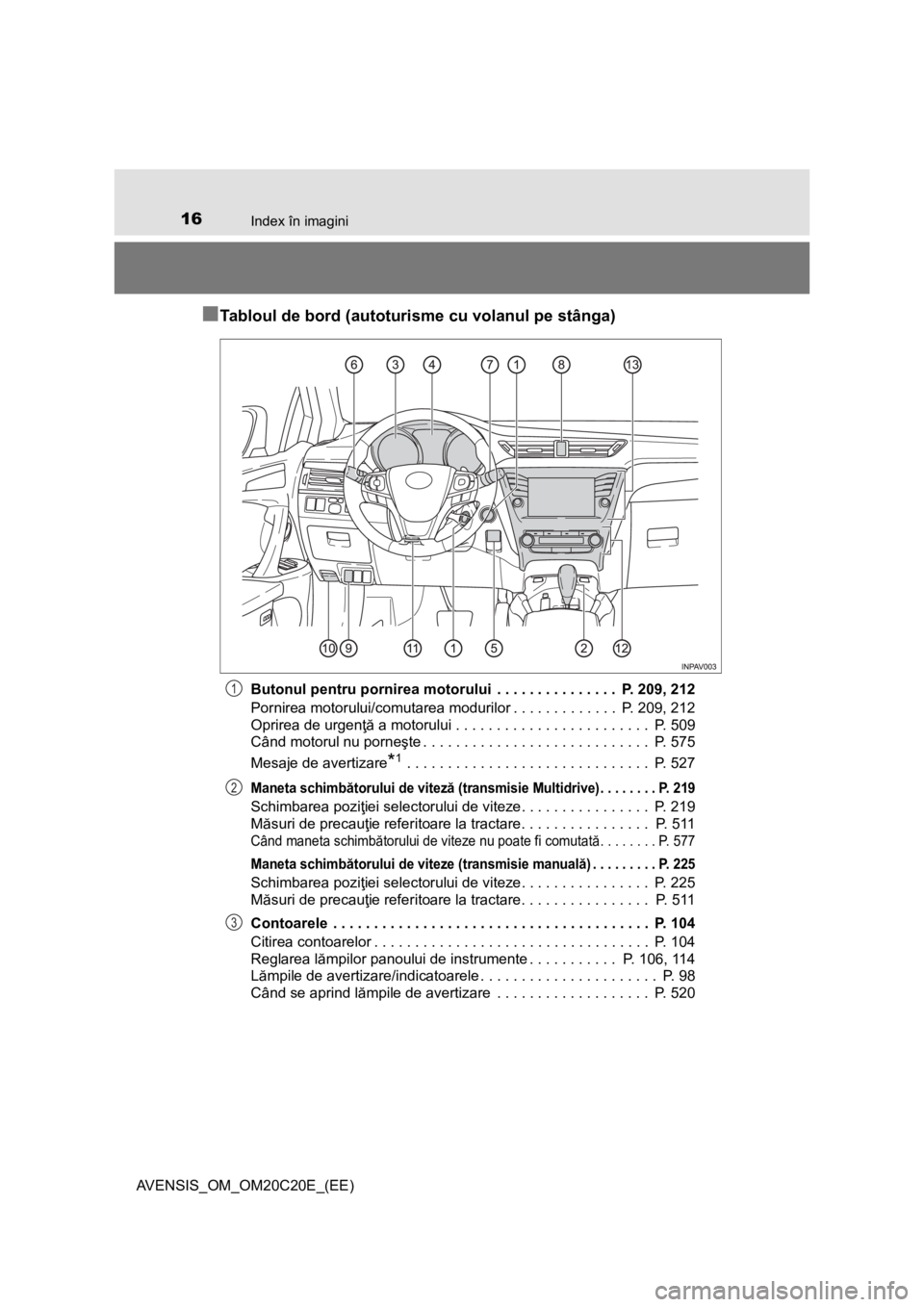 TOYOTA AVENSIS 2015 Manual de utilizare (in Romanian) 16Index în imagini
AVENSIS_OM_OM20C20E_(EE)
■Tabloul de bord (autoturisme cu volanul pe stânga)
Butonul pentru pornirea motorului . . . . . . . . . . . . . . . P. 209, 212
Pornirea motorului/com TOYOTA AVENSIS 2015 Manual de utilizare (in Romanian) 16Index în imagini
AVENSIS_OM_OM20C20E_(EE)
■Tabloul de bord (autoturisme cu volanul pe stânga)
Butonul pentru pornirea motorului . . . . . . . . . . . . . . . P. 209, 212
Pornirea motorului/com