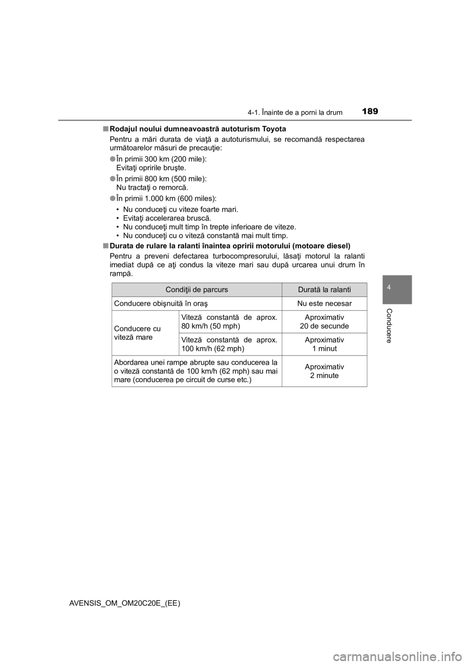 TOYOTA AVENSIS 2015 Manual de utilizare (in Romanian) 1894-1. Înainte de a porni la drum
4
Conducere
AVENSIS_OM_OM20C20E_(EE)■
Rodajul noului dumneavoastr ă autoturism Toyota
Pentru a m ări durata de viaţă a autoturismului, se recomand ă respecta TOYOTA AVENSIS 2015 Manual de utilizare (in Romanian) 1894-1. Înainte de a porni la drum
4
Conducere
AVENSIS_OM_OM20C20E_(EE)■
Rodajul noului dumneavoastr ă autoturism Toyota
Pentru a m ări durata de viaţă a autoturismului, se recomand ă respecta