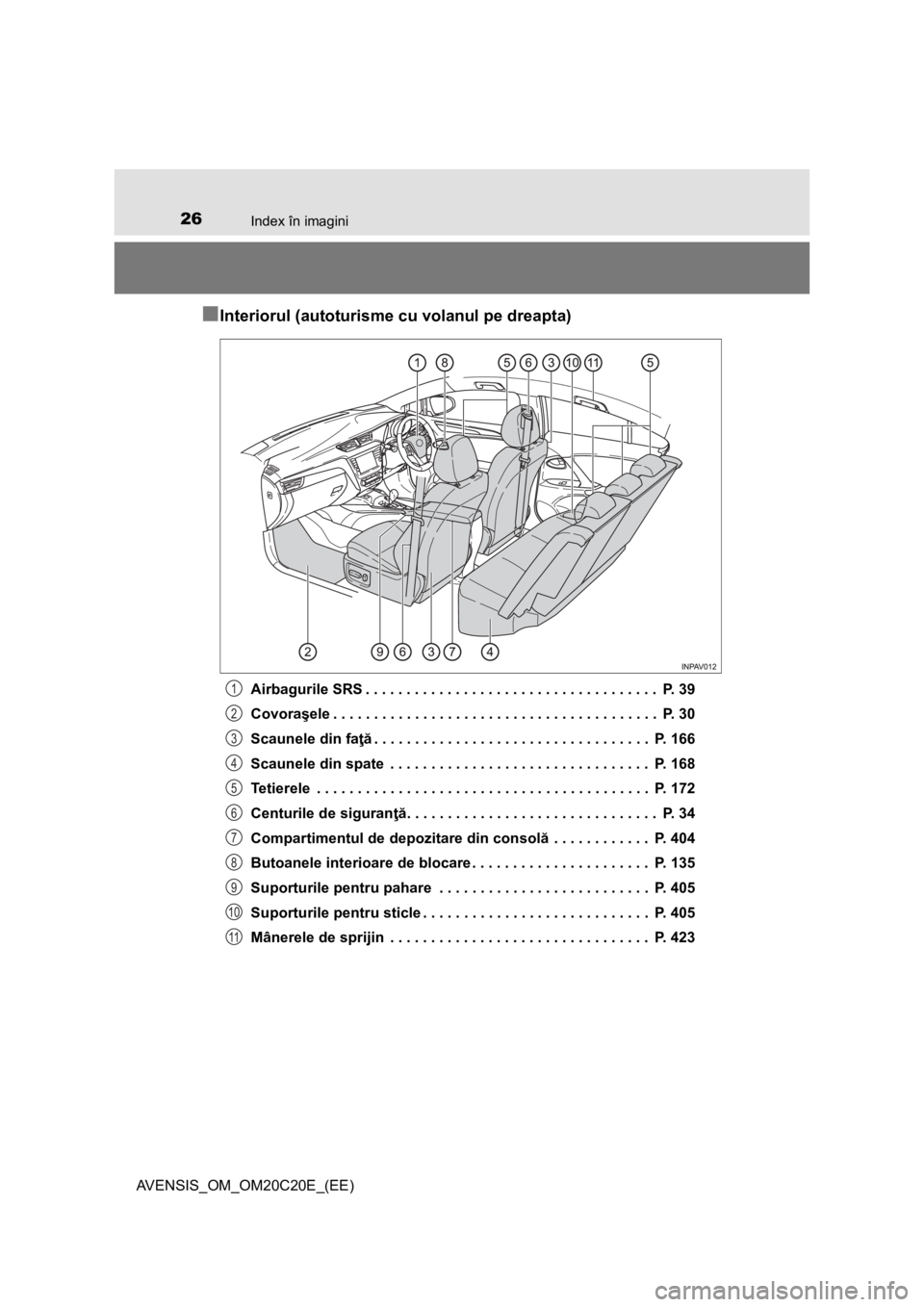 TOYOTA AVENSIS 2015 Manual de utilizare (in Romanian) 26Index în imagini
AVENSIS_OM_OM20C20E_(EE)
■Interiorul (autoturisme cu volanul pe dreapta)
Airbagurile SRS . . . . . . . . . . . . . . . . . . . . . . . . . . . . . . . . . . . . P. 39
Covoraşel TOYOTA AVENSIS 2015 Manual de utilizare (in Romanian) 26Index în imagini
AVENSIS_OM_OM20C20E_(EE)
■Interiorul (autoturisme cu volanul pe dreapta)
Airbagurile SRS . . . . . . . . . . . . . . . . . . . . . . . . . . . . . . . . . . . . P. 39
Covoraşel