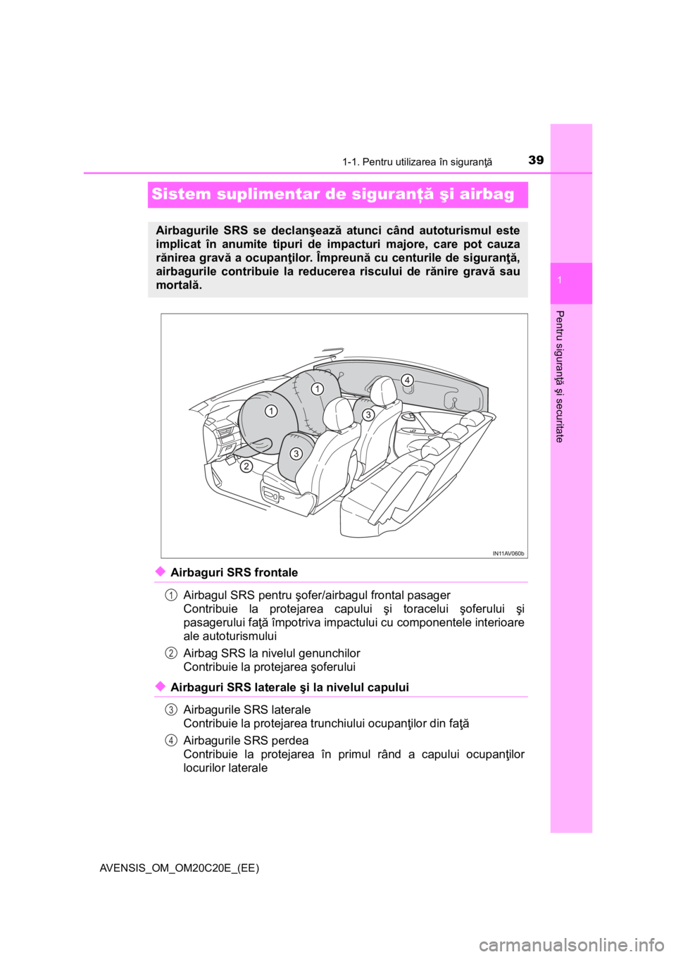 TOYOTA AVENSIS 2015 Manual de utilizare (in Romanian) 391-1. Pentru utilizarea în siguranţă
1
Pentru siguranţă şi securitate
AVENSIS_OM_OM20C20E_(EE)
Sistem suplimentar de siguranţă şi airbag
◆Airbaguri SRS frontale
Airbagul SRS pentru şofer/ TOYOTA AVENSIS 2015 Manual de utilizare (in Romanian) 391-1. Pentru utilizarea în siguranţă
1
Pentru siguranţă şi securitate
AVENSIS_OM_OM20C20E_(EE)
Sistem suplimentar de siguranţă şi airbag
◆Airbaguri SRS frontale
Airbagul SRS pentru şofer/