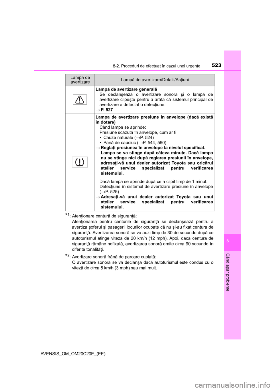 TOYOTA AVENSIS 2015 Manual de utilizare (in Romanian) 5238-2. Proceduri de efectuat în cazul unei urgenţe
AVENSIS_OM_OM20C20E_(EE)
8
Când apar probleme
*1:Atenţionare centură de siguranţă:
Atenţionarea pentru centurile de siguranţă se declanşe TOYOTA AVENSIS 2015 Manual de utilizare (in Romanian) 5238-2. Proceduri de efectuat în cazul unei urgenţe
AVENSIS_OM_OM20C20E_(EE)
8
Când apar probleme
*1:Atenţionare centură de siguranţă:
Atenţionarea pentru centurile de siguranţă se declanşe