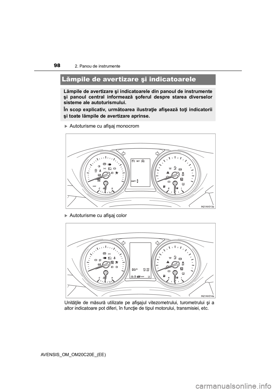 TOYOTA AVENSIS 2015  Manual de utilizare (in Romanian) 982. Panou de instrumente
AVENSIS_OM_OM20C20E_(EE)
Lămpile de aver tizare şi indicatoarele
Autoturisme cu afişaj monocrom
Autoturisme cu afişaj color
Unităţile de măsură utilizate pe afi
