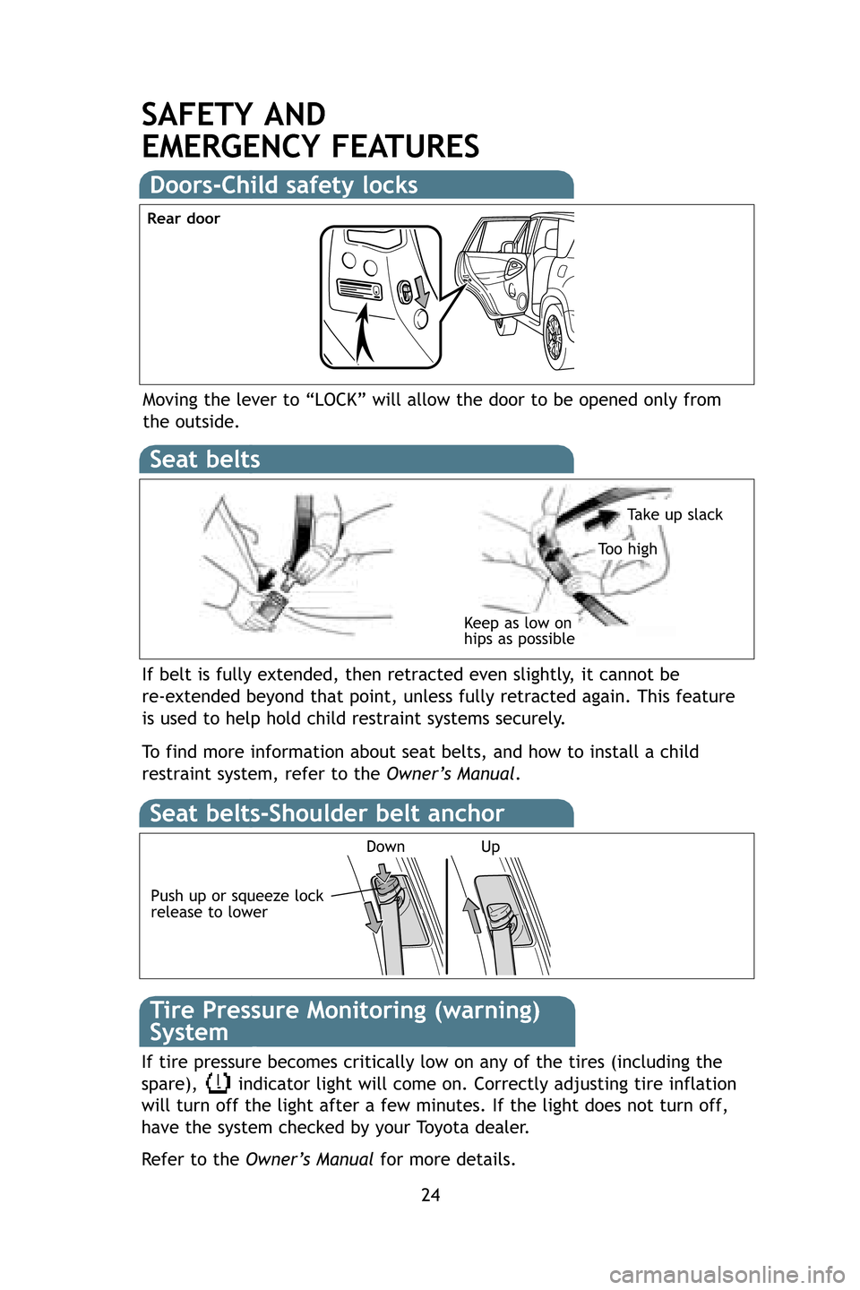 TOYOTA RAV4 2009 XA30 / 3.G Quick Reference Guide 24
SAFETY AND
EMERGENCY FEATURES
Moving the lever to “LOCK” will allow the door to be opened only f\
rom
the outside.
Doors-Child safety locks
If belt is fully extended, then retracted even sligh TOYOTA RAV4 2009 XA30 / 3.G Quick Reference Guide 24
SAFETY AND
EMERGENCY FEATURES
Moving the lever to “LOCK” will allow the door to be opened only f\
rom
the outside.
Doors-Child safety locks
If belt is fully extended, then retracted even sligh