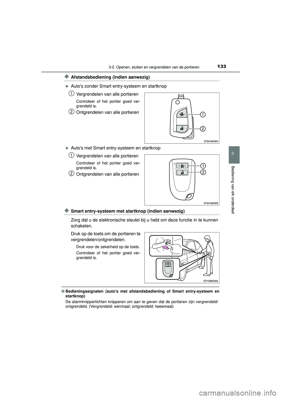 TOYOTA AYGO 2021 Instructieboekje (in Dutch) 1333-2. Openen, sluiten en vergrendelen van de portieren
3
Bediening van elk onderdeel
AYGO_OM_Europe_OM9A012E
◆Afstandsbediening (indien aanwezig)
Autos zonder Smart entry-systeem en startknopV TOYOTA AYGO 2021 Instructieboekje (in Dutch) 1333-2. Openen, sluiten en vergrendelen van de portieren
3
Bediening van elk onderdeel
AYGO_OM_Europe_OM9A012E
◆Afstandsbediening (indien aanwezig)
Autos zonder Smart entry-systeem en startknopV