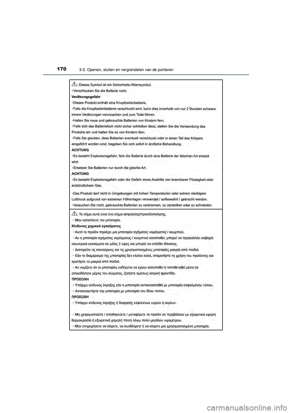 TOYOTA AYGO 2021  Instructieboekje (in Dutch) 1703-2. Openen, sluiten en vergrendelen van de portieren
AYGO_OM_Europe_OM9A012E
AYGO_OM_Europe_OM9A012E.book  Page 170  Wednesday, October 28, 2020  10:30 AM 