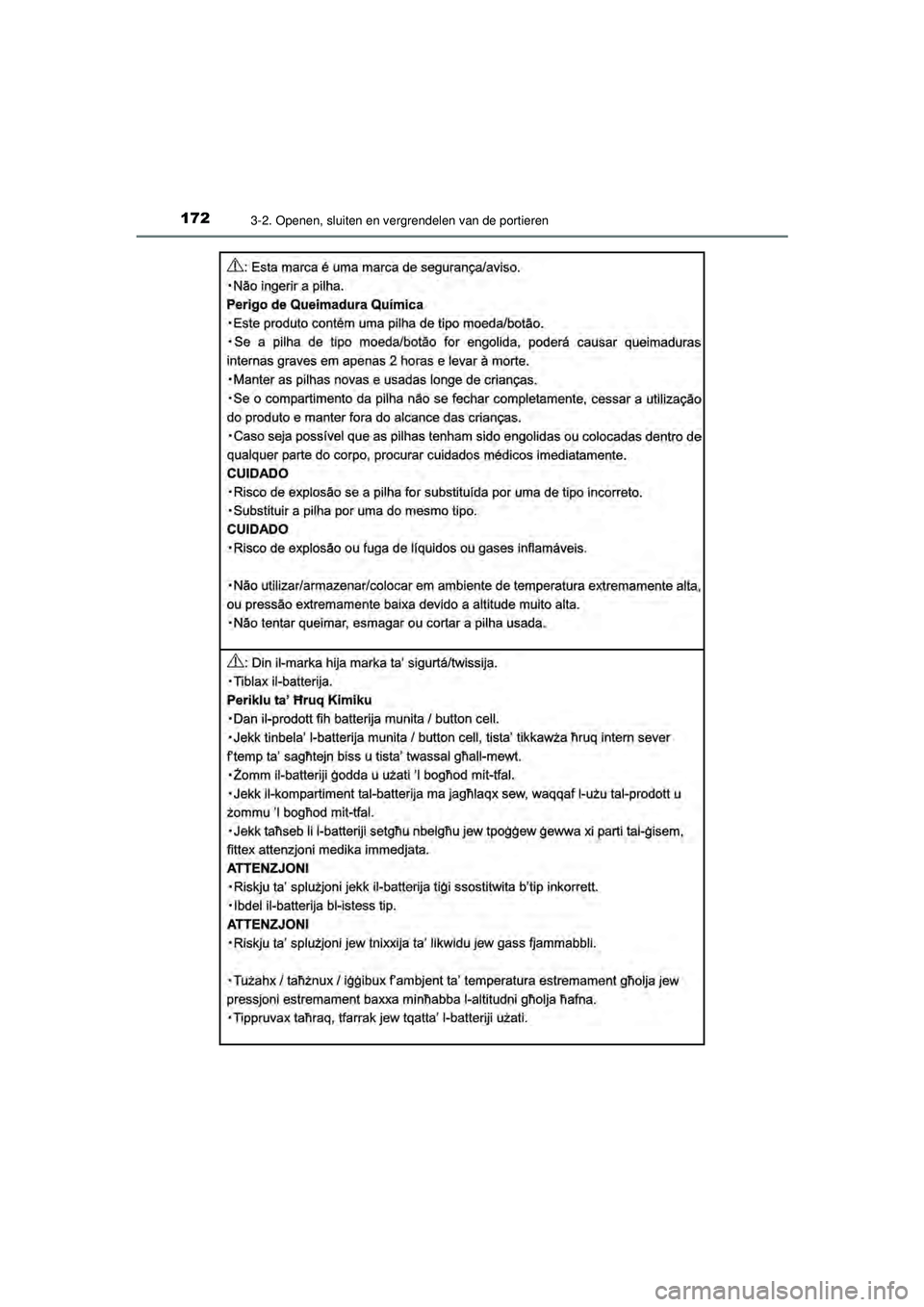 TOYOTA AYGO 2021  Instructieboekje (in Dutch) 1723-2. Openen, sluiten en vergrendelen van de portieren
AYGO_OM_Europe_OM9A012E
AYGO_OM_Europe_OM9A012E.book  Page 172  Wednesday, October 28, 2020  10:30 AM 