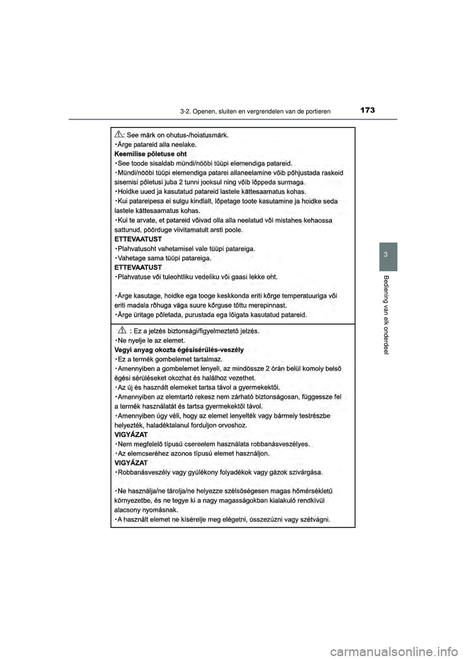 TOYOTA AYGO 2021  Instructieboekje (in Dutch) 1733-2. Openen, sluiten en vergrendelen van de portieren
3
Bediening van elk onderdeel
AYGO_OM_Europe_OM9A012E
AYGO_OM_Europe_OM9A012E.book  Page 173  Wednesday, October 28, 2020  10:30 AM 