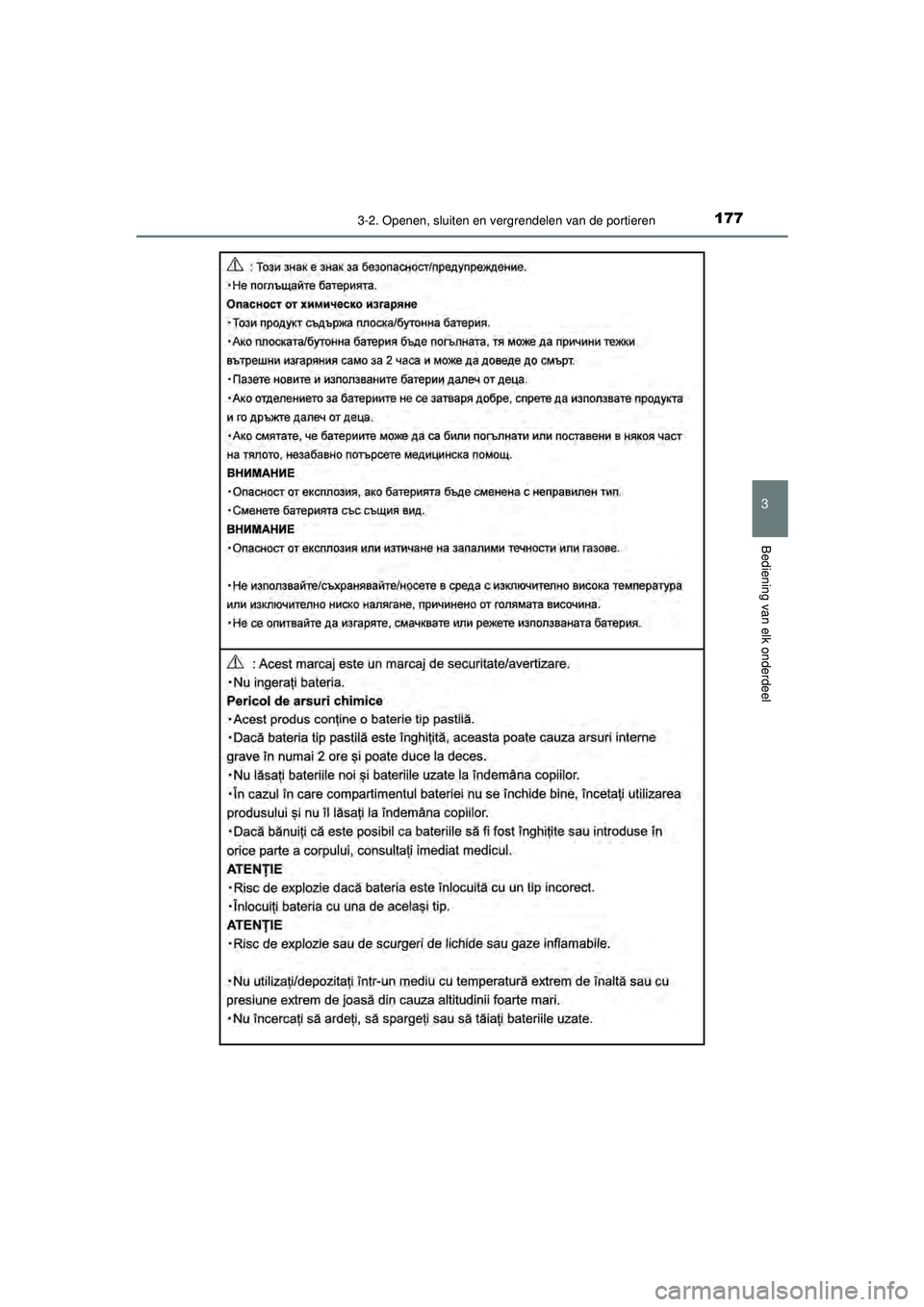 TOYOTA AYGO 2021  Instructieboekje (in Dutch) 1773-2. Openen, sluiten en vergrendelen van de portieren
3
Bediening van elk onderdeel
AYGO_OM_Europe_OM9A012E
AYGO_OM_Europe_OM9A012E.book  Page 177  Wednesday, October 28, 2020  10:30 AM 