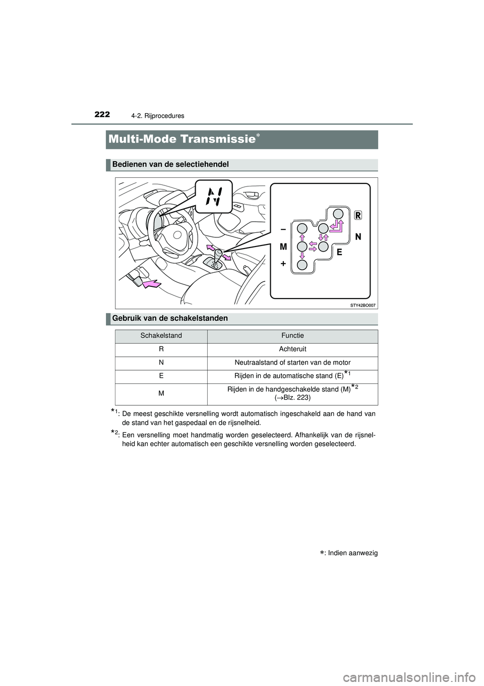 TOYOTA AYGO 2021  Instructieboekje (in Dutch) 2224-2. Rijprocedures
AYGO_OM_Europe_OM9A012E
Multi-Mode Transmissie
*1: De meest geschikte versnelling wordt automatisch ingeschakeld aan de hand vande stand van het gaspedaal en de rijsnelheid.
*