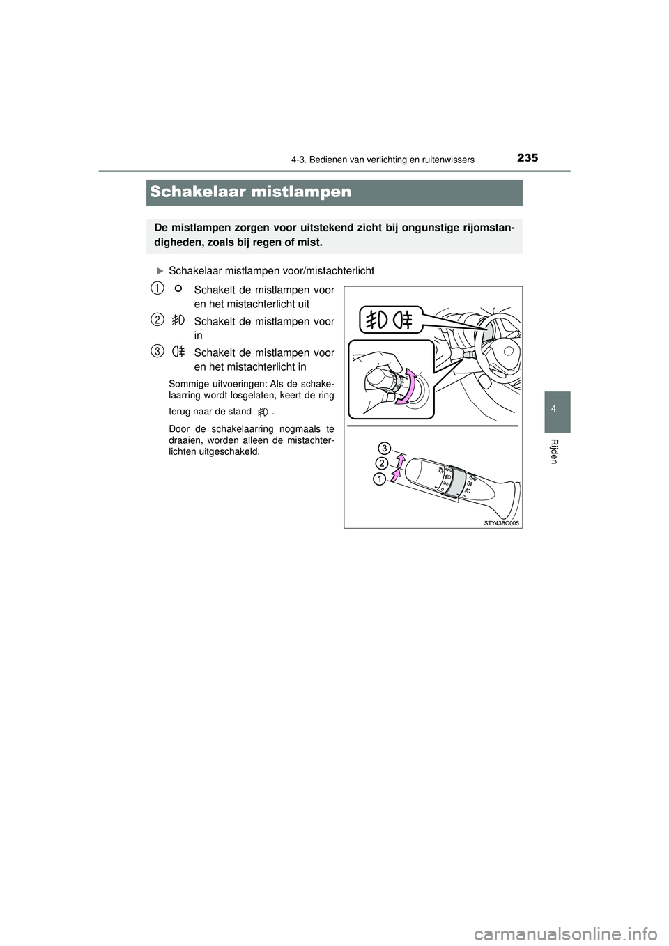 TOYOTA AYGO 2021 Instructieboekje (in Dutch) 235
4
4-3. Bedienen van verlichting en ruitenwissers
Rijden
AYGO_OM_Europe_OM9A012E
Schakelaar mistlampen
Schakelaar mistlampen voor/mistachterlichtSchakelt de mistlampen voor
en het mistachterlich TOYOTA AYGO 2021 Instructieboekje (in Dutch) 235
4
4-3. Bedienen van verlichting en ruitenwissers
Rijden
AYGO_OM_Europe_OM9A012E
Schakelaar mistlampen
Schakelaar mistlampen voor/mistachterlichtSchakelt de mistlampen voor
en het mistachterlich