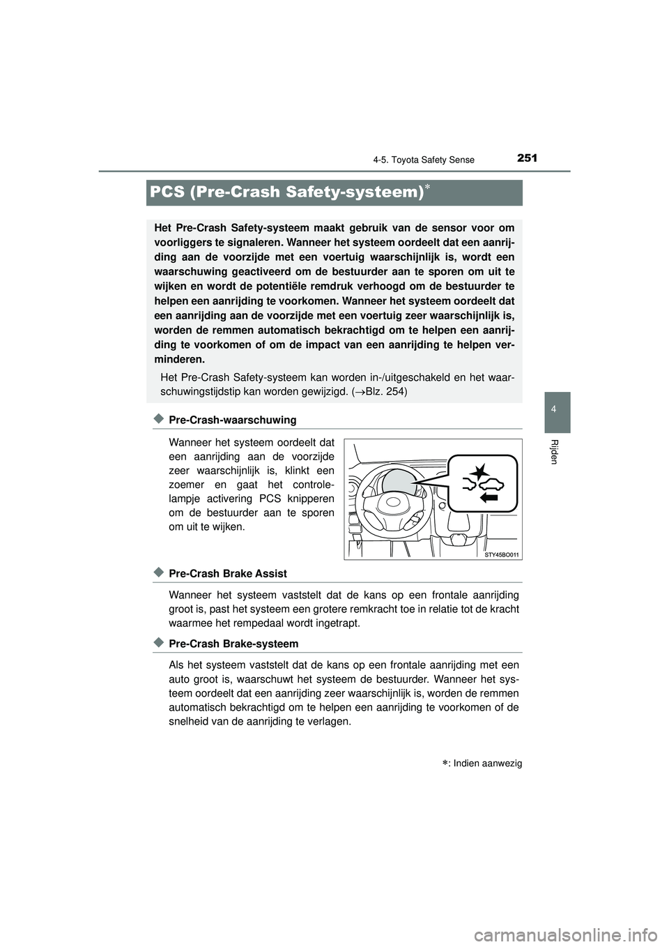 TOYOTA AYGO 2021 Instructieboekje (in Dutch) 251
4
4-5. Toyota Safety Sense
Rijden
AYGO_OM_Europe_OM9A012E
PCS (Pre-Crash Safety-systeem)
◆Pre-Crash-waarschuwing
Wanneer het systeem oordeelt dat
een aanrijding aan de voorzijde
zeer waarschi TOYOTA AYGO 2021 Instructieboekje (in Dutch) 251
4
4-5. Toyota Safety Sense
Rijden
AYGO_OM_Europe_OM9A012E
PCS (Pre-Crash Safety-systeem)
◆Pre-Crash-waarschuwing
Wanneer het systeem oordeelt dat
een aanrijding aan de voorzijde
zeer waarschi