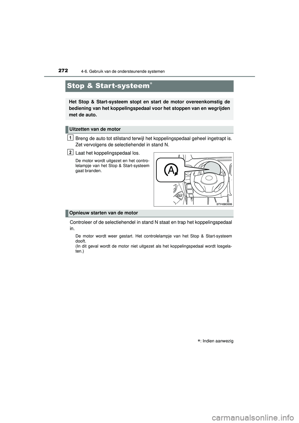 TOYOTA AYGO 2021  Instructieboekje (in Dutch) 2724-6. Gebruik van de ondersteunende systemen
AYGO_OM_Europe_OM9A012E
Stop & Start-systeem
Breng de auto tot stilstand terwijl het koppelingspedaal geheel ingetrapt is.
Zet vervolgens de selectieh
