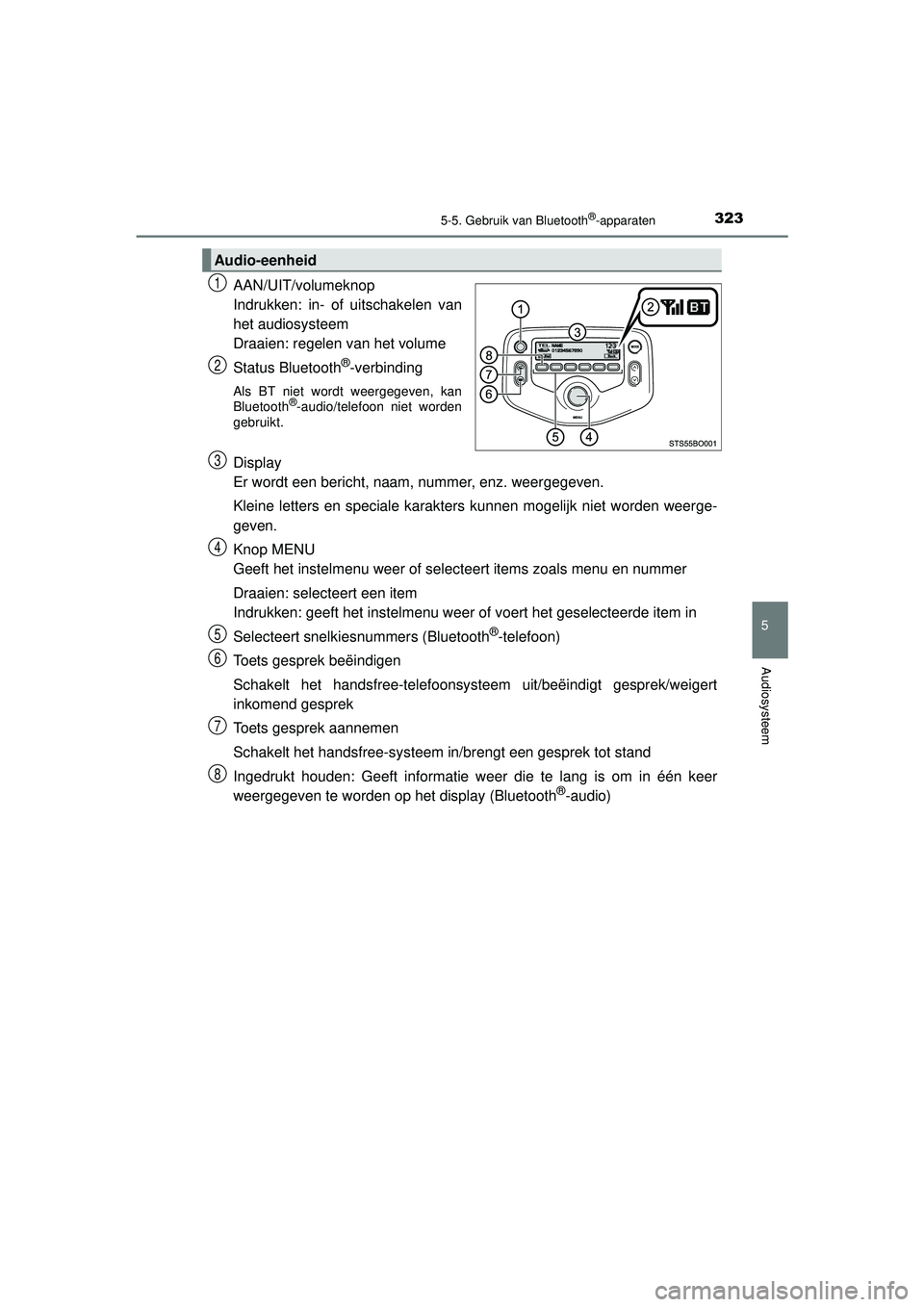 TOYOTA AYGO 2021  Instructieboekje (in Dutch) 3235-5. Gebruik van Bluetooth®-apparaten
5
Audiosysteem
AYGO_OM_Europe_OM9A012E
AAN/UIT/volumeknop
Indrukken: in- of uitschakelen van
het audiosysteem
Draaien: regelen van het volume
Status Bluetooth