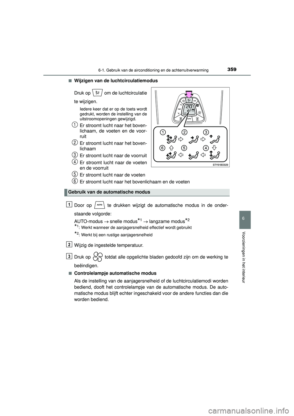 TOYOTA AYGO 2021  Instructieboekje (in Dutch) 3596-1. Gebruik van de airconditioning en de achterruitverwarming
6
Voorzieningen in het interieur
AYGO_OM_Europe_OM9A012E■
Wijzigen van de luchtcirculatiemodus
Druk op   om de luchtcirculatie
te wi