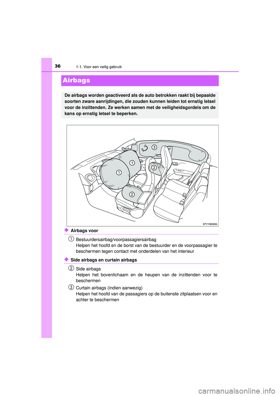TOYOTA AYGO 2021 Instructieboekje (in Dutch) 361-1. Voor een veilig gebruik
AYGO_OM_Europe_OM9A012E
Airbags
◆Airbags voorBestuurdersairbag/voorpassagiersairbag
Helpen het hoofd en de borst van de bestuurder en de voorpassagier te
beschermen te TOYOTA AYGO 2021 Instructieboekje (in Dutch) 361-1. Voor een veilig gebruik
AYGO_OM_Europe_OM9A012E
Airbags
◆Airbags voorBestuurdersairbag/voorpassagiersairbag
Helpen het hoofd en de borst van de bestuurder en de voorpassagier te
beschermen te
