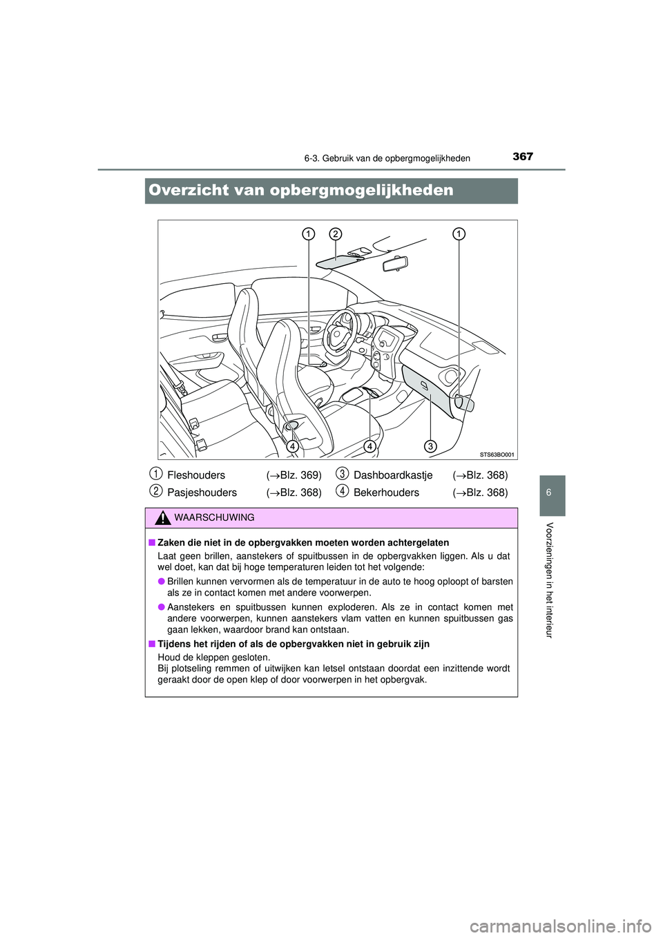 TOYOTA AYGO 2021  Instructieboekje (in Dutch) 3676-3. Gebruik van de opbergmogelijkheden
6
Voorzieningen in het interieur
AYGO_OM_Europe_OM9A012E
Overzicht van opbergmogelijkheden
Fleshouders  (Blz. 369)
Pasjeshouders ( Blz. 368)Dashboardka