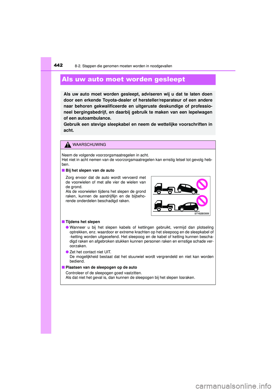TOYOTA AYGO 2021  Instructieboekje (in Dutch) 4428-2. Stappen die genomen moeten worden in noodgevallen
AYGO_OM_Europe_OM9A012E
Als uw auto moet worden gesleept
Als uw auto moet worden gesleept , adviseren wij u dat te laten doen
door een erkende