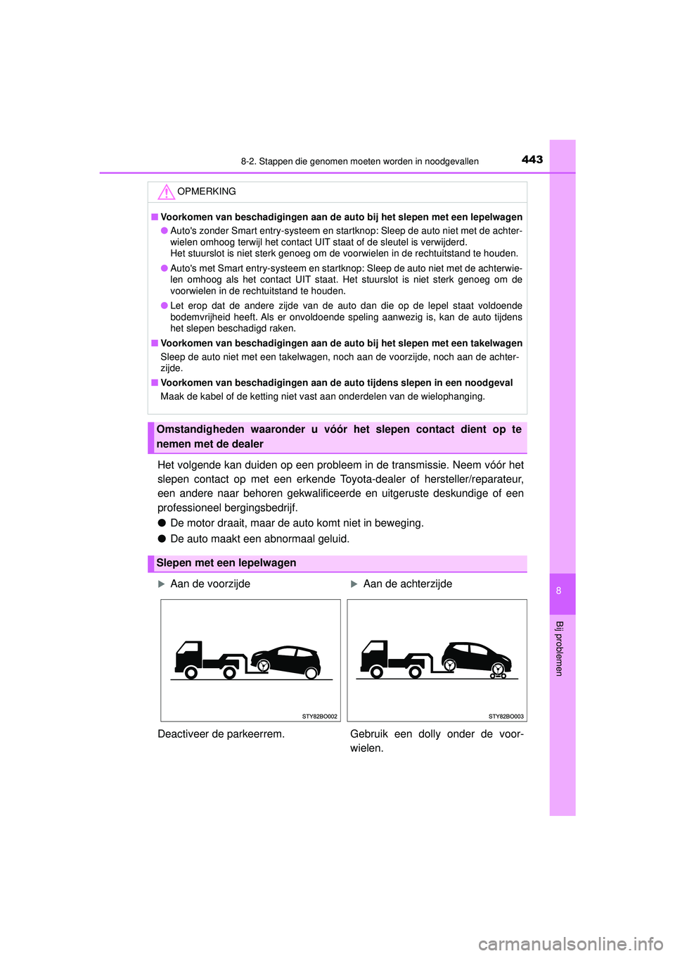TOYOTA AYGO 2021  Instructieboekje (in Dutch) 4438-2. Stappen die genomen moeten worden in noodgevallen
8
Bij problemen
AYGO_OM_Europe_OM9A012E
Het volgende kan duiden op een probleem in de transmissie. Neem vóór het
slepen contact op met een e