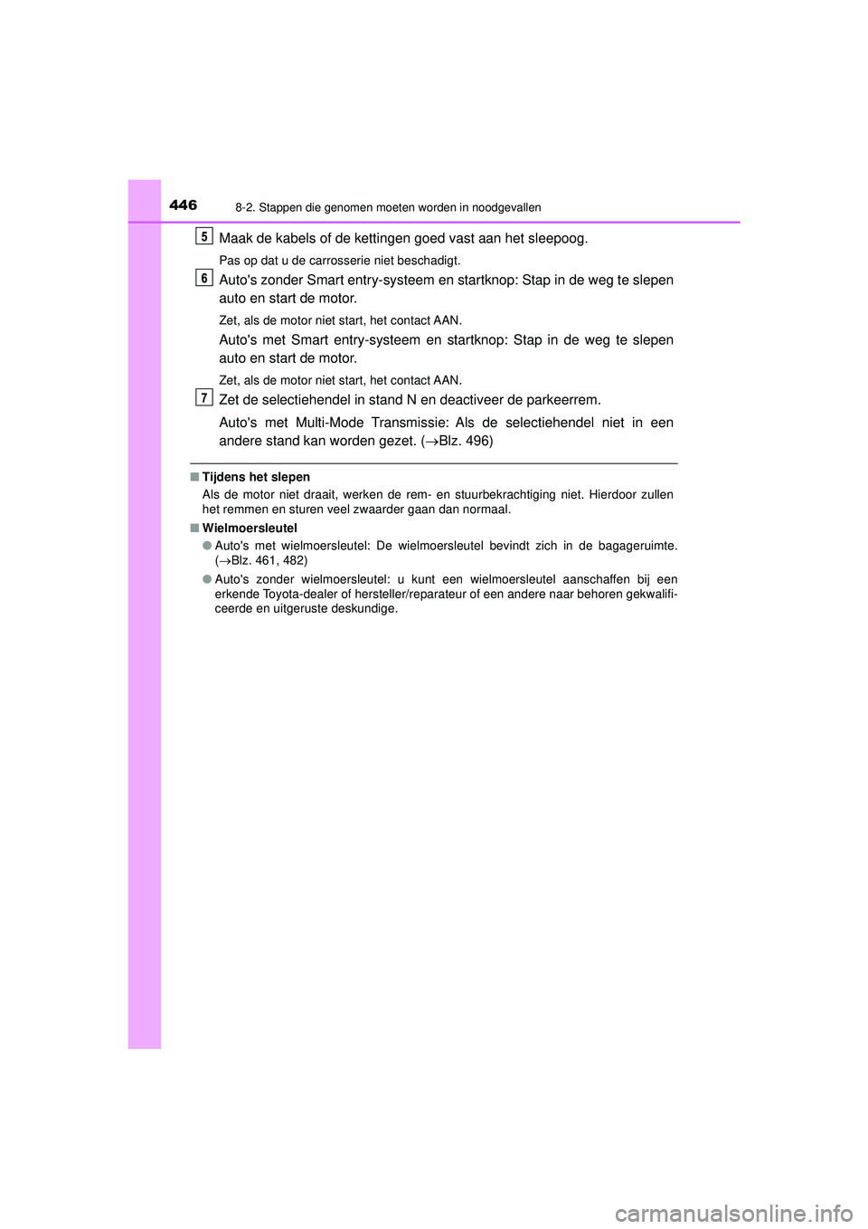 TOYOTA AYGO 2021  Instructieboekje (in Dutch) 4468-2. Stappen die genomen moeten worden in noodgevallen
AYGO_OM_Europe_OM9A012E
Maak de kabels of de kettingen goed vast aan het sleepoog.
Pas op dat u de carrosserie niet beschadigt.
Autos zonder 